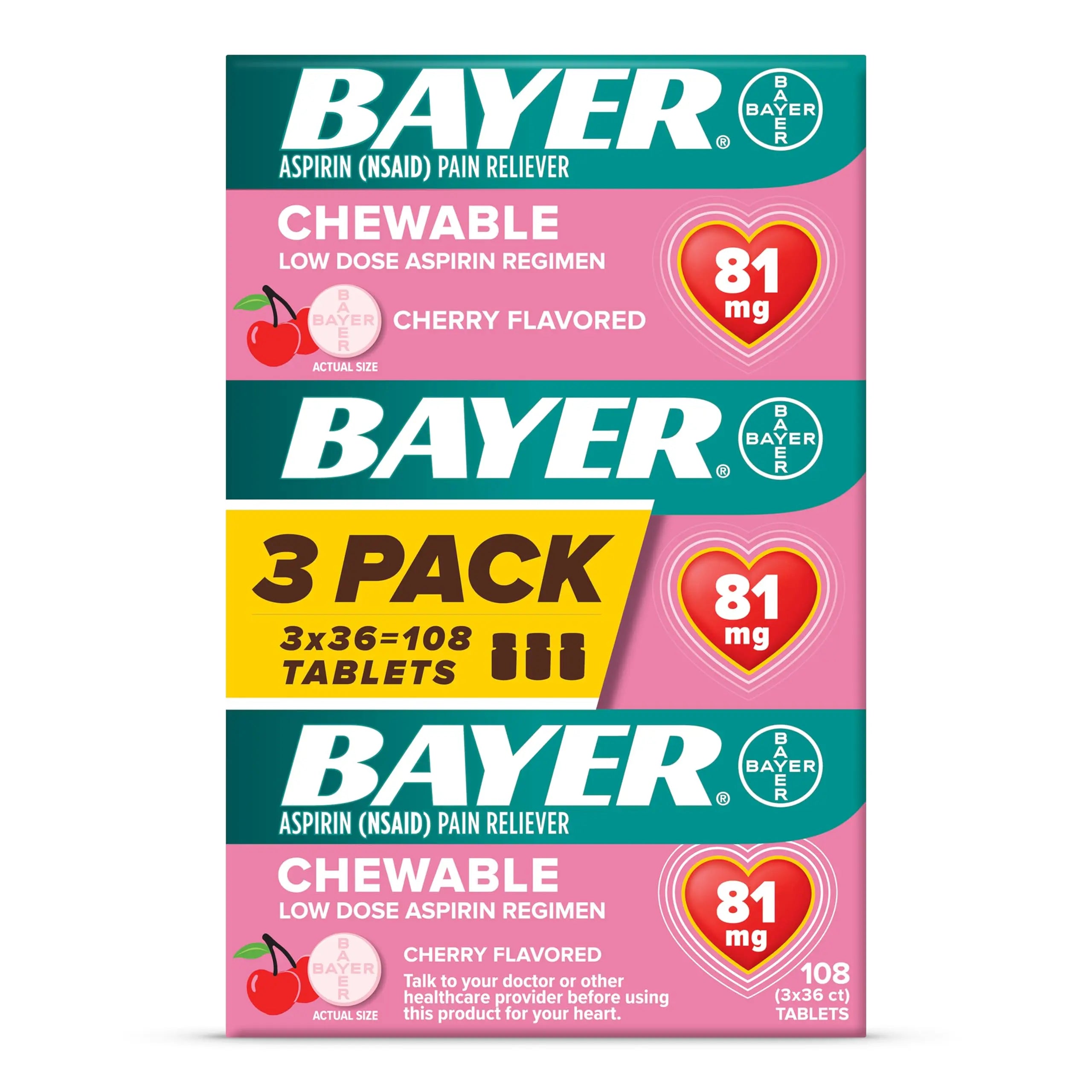 Bayer Aspirin Low Dose 81 mg Chewable Tablets, Pain Reliever, Cherry Flavored, 108 Tablets (36 Pack of 3) Bayer Au supplements