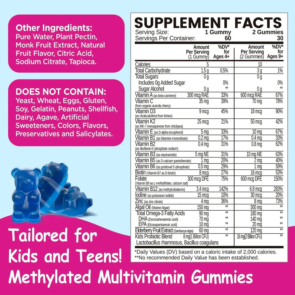 Kids Methylated Multivitamin - MTHFR Multivitamin for Kids & Teens 4+, L Methylfolate & B12, 13 Vitamins, Vegan Omega-3 NATISLAND Au supplements