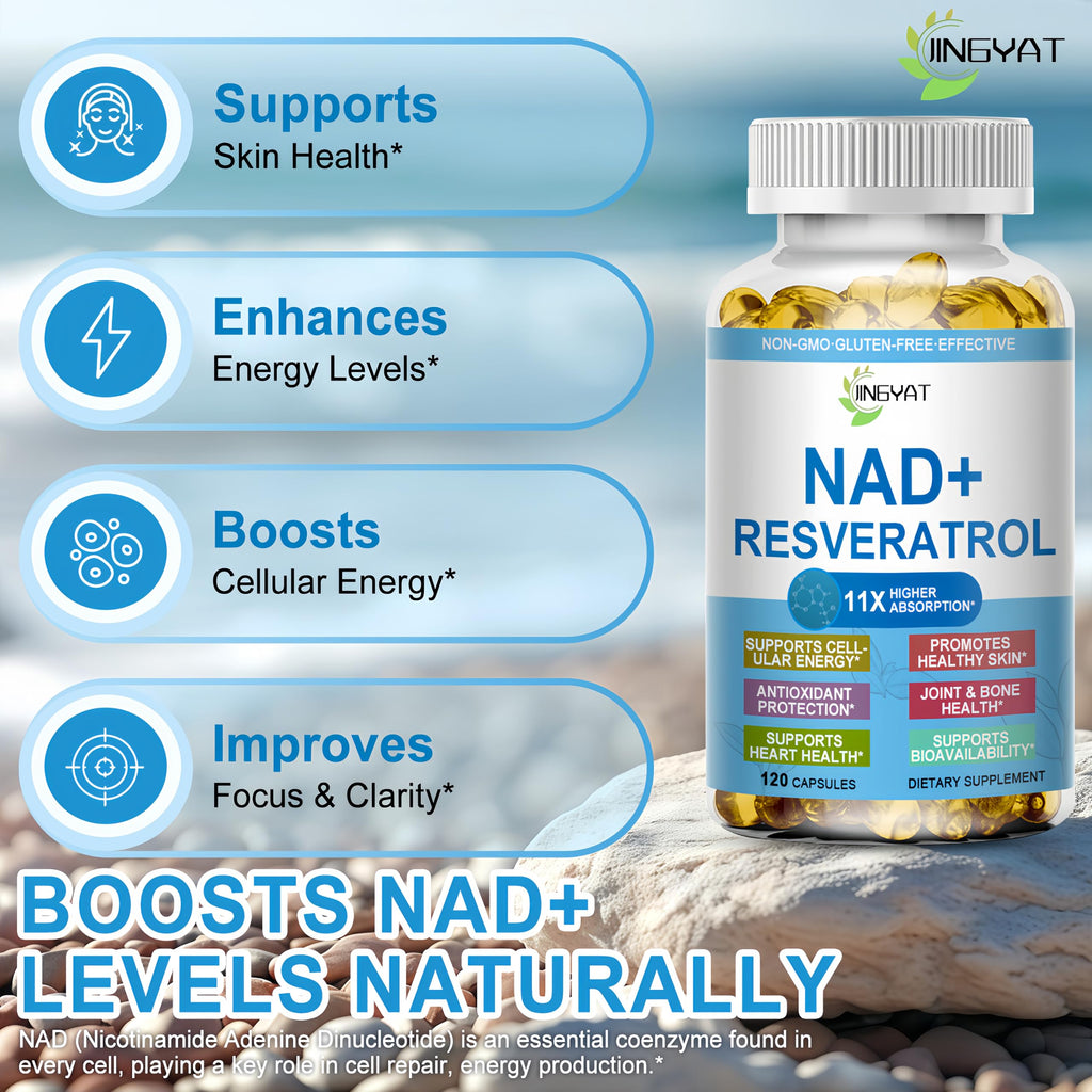 JINGYAT 11-in-1 NAD Supplement with Resveratrol, CoQ10, Quercetin, Collagen, Grape Seed for Cellular Energy, Mental Focus & Antioxidant Support - NAD Supplement for Women & Men, 120 Soft Capsules JINGYAT Au supplements