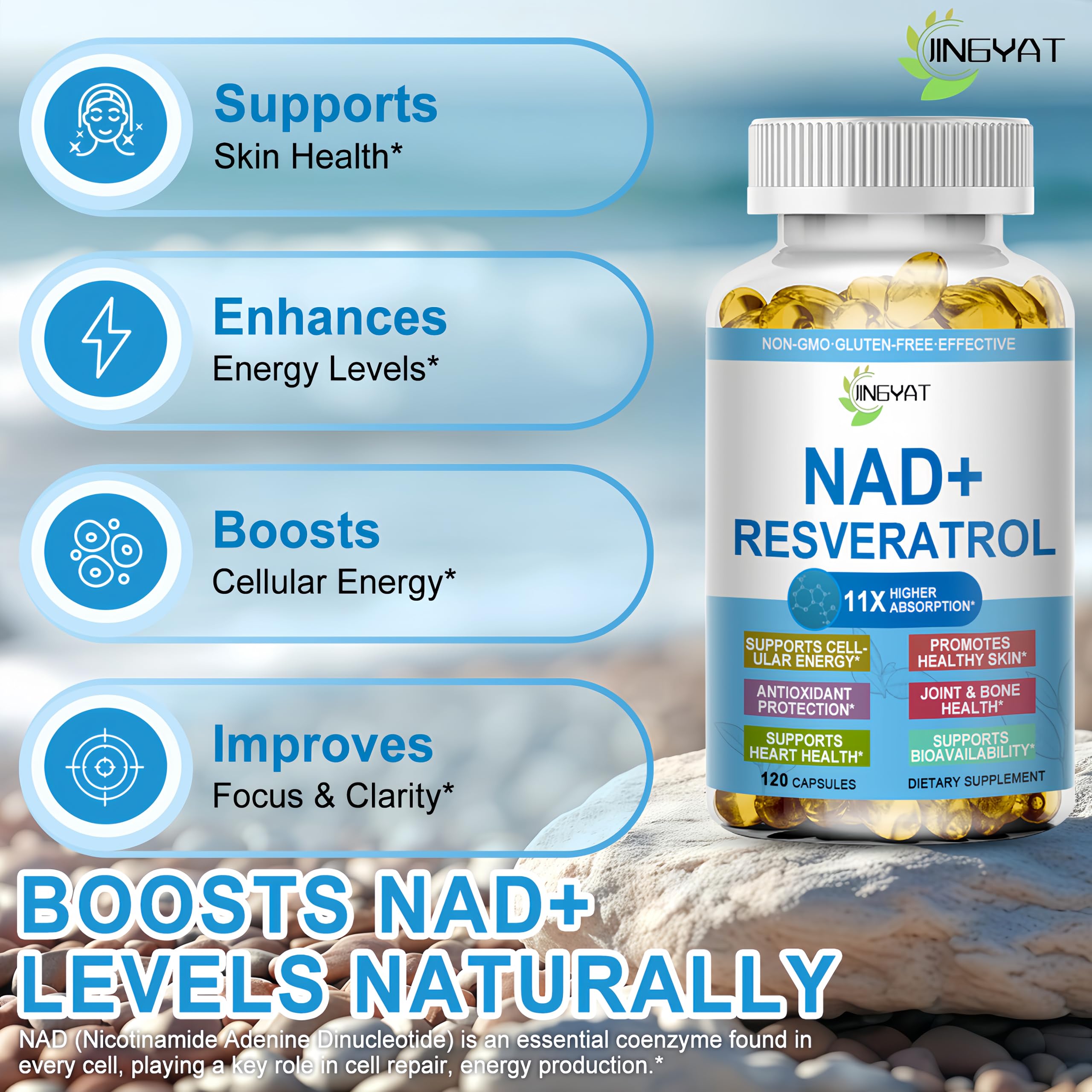 JINGYAT 11-in-1 NAD Supplement with Resveratrol, CoQ10, Quercetin, Collagen, Grape Seed for Cellular Energy, Mental Focus & Antioxidant Support - NAD Supplement for Women & Men, 120 Soft Capsules JINGYAT Au supplements