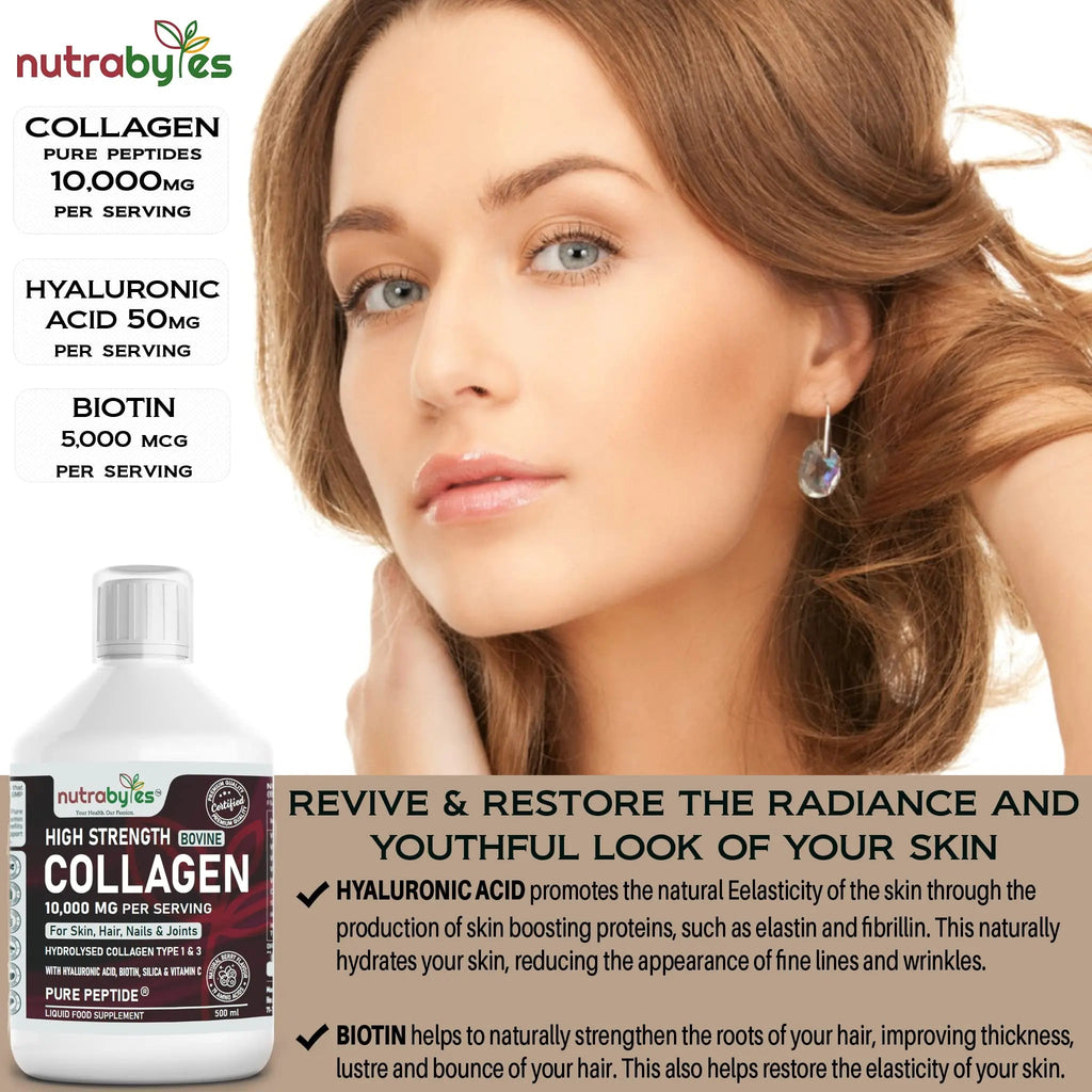 Collagen Liquid 10000mg, Hydrolysed Peptides | Hyaluronic Acid, Biotin, Silica, Vitamin C, Vitamin B12 NUTRABYTES Au supplements