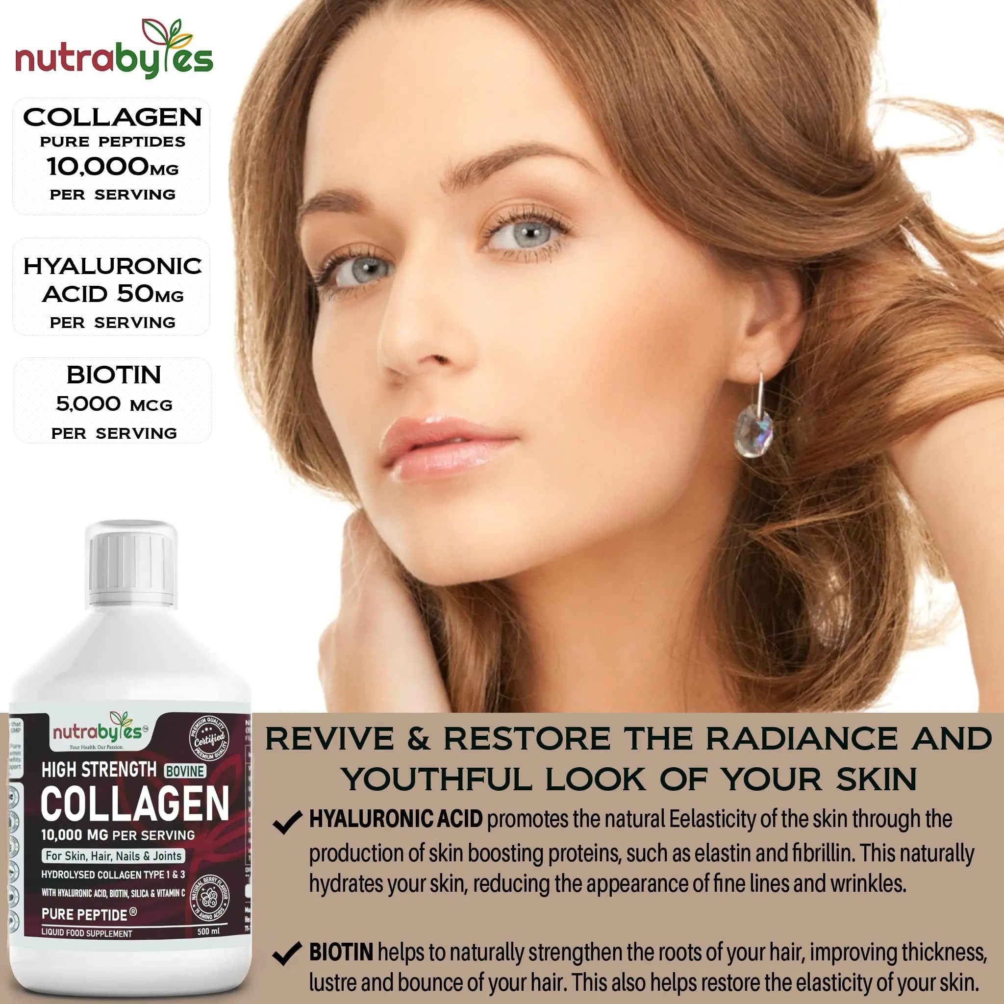 Collagen Liquid 10000mg, Hydrolysed Peptides | Hyaluronic Acid, Biotin, Silica, Vitamin C, Vitamin B12 NUTRABYTES Au supplements