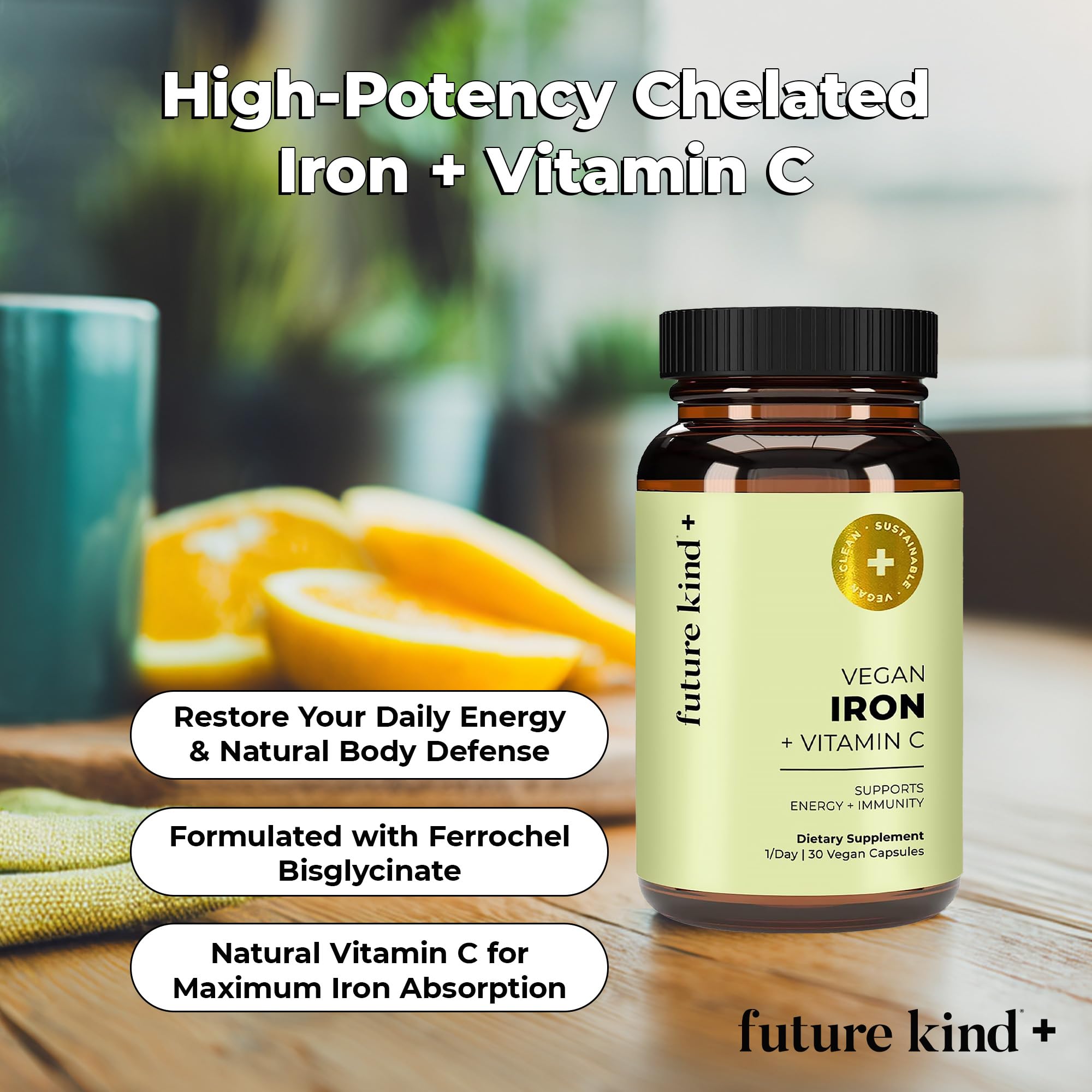 Future Kind Iron Supplement for Women and Men, Daily Energy & Focus, Chelated Iron Bisglycinate, 18mg 100% DV with Vitamin C for Absorption - Gentle on Stomach, Non-GMO Vegan Capsules, 30 Day Supply Future Kind Au supplements