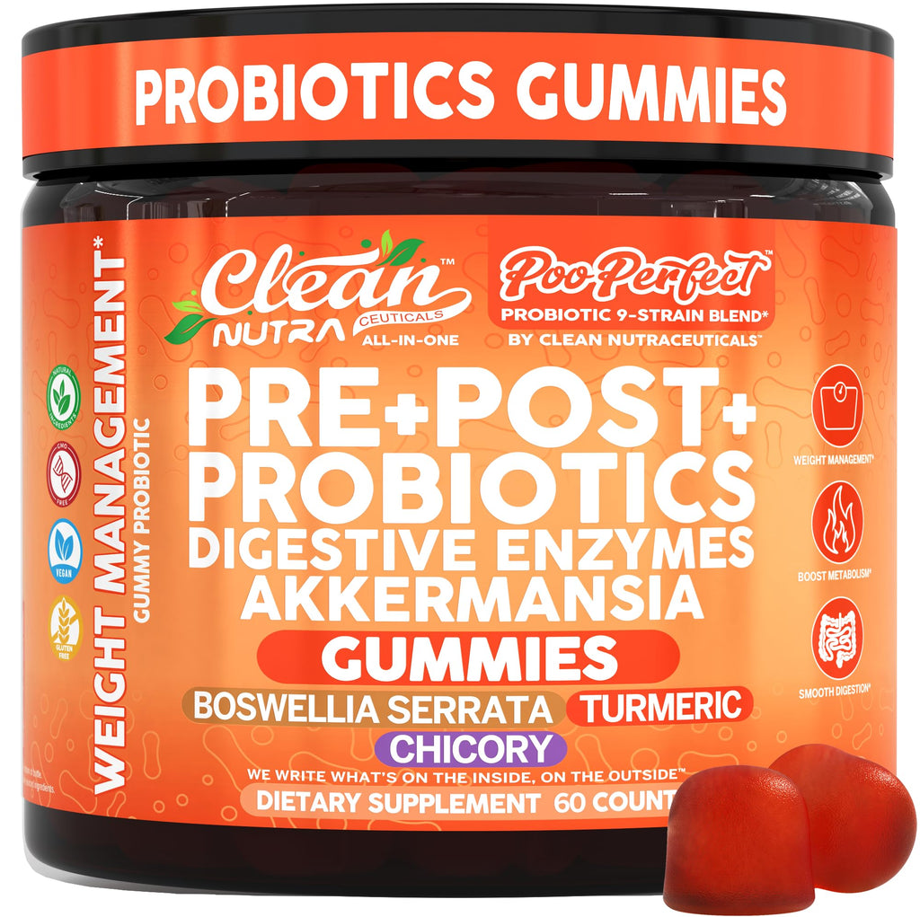 Clean Nutra Prebiotic Postbiotic Digestive Enzymes Gummies with Chicory Root, Boswellia Serrata, Turmeric, and Akkermansia | Pre+Post Probiotics Supplement