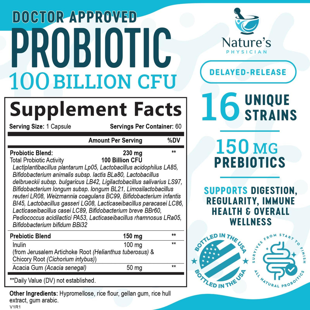 Nature's Physician Probiotics - 100 Billion CFU - 16 Strains + Prebiotics - Best Probiotic Supplement for Women & Men - Supports Immune, Digestive Health, Occasional Constipation & Gas - 60 Capsules Nature's Physician Au supplements