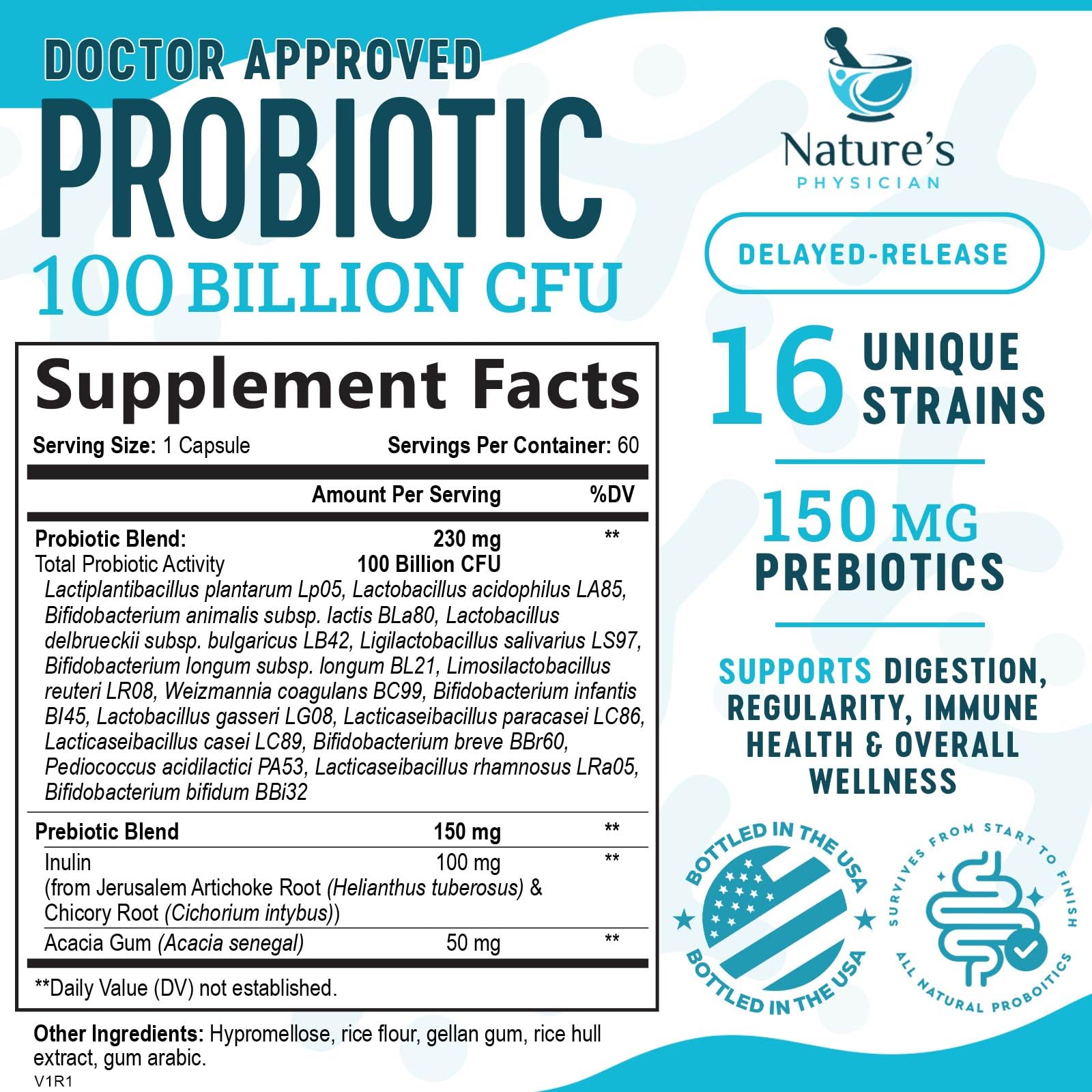 Nature's Physician Probiotics - 100 Billion CFU - 16 Strains + Prebiotics - Best Probiotic Supplement for Women & Men - Supports Immune, Digestive Health, Occasional Constipation & Gas - 60 Capsules Nature's Physician Au supplements