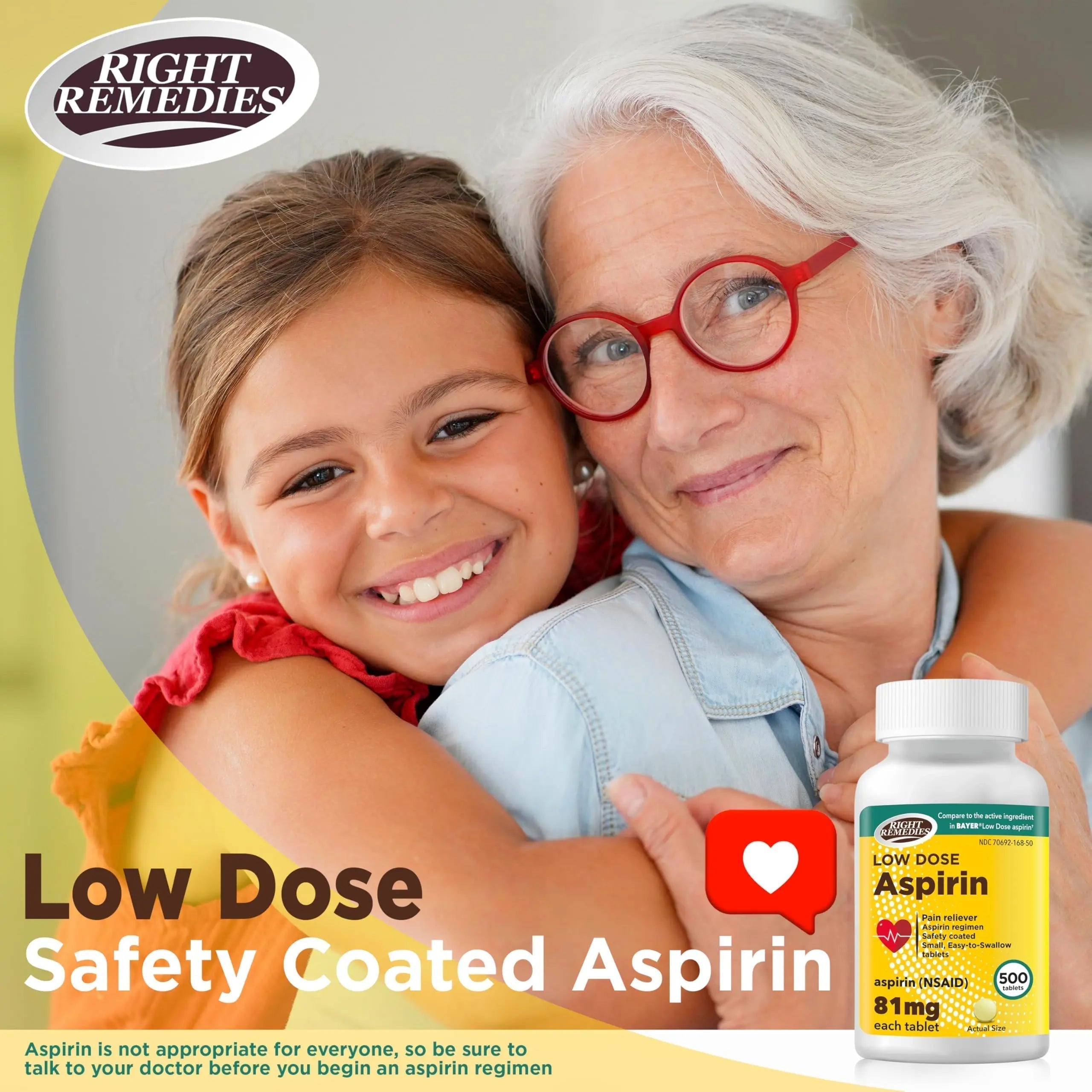 RIGHT REMEDIES Low Dose Aspirin 81mg, Enteric Coated Tablets, NSAID Pain Reliever & Fever Reducer for Adults, Compare to the Active Ingredient in Bayer® Low Dose Aspirin (500ct) RIGHT REMEDIES Au supplements