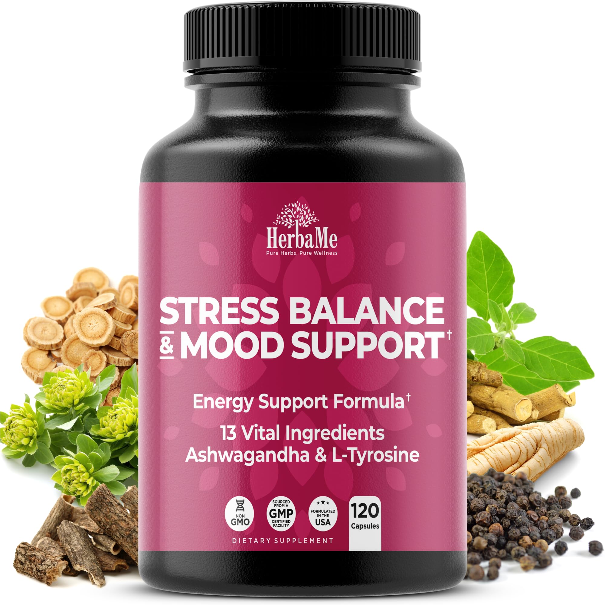 HerbaMe Cortisol Manager Supplement and Balance Mood with Ashwagandha & L-Tyrosine, 120 Capsules, Helps Maintain Healthy Energy Levels and Stress Relief, Fatigue Reducer Pills HerbaMe Au supplements