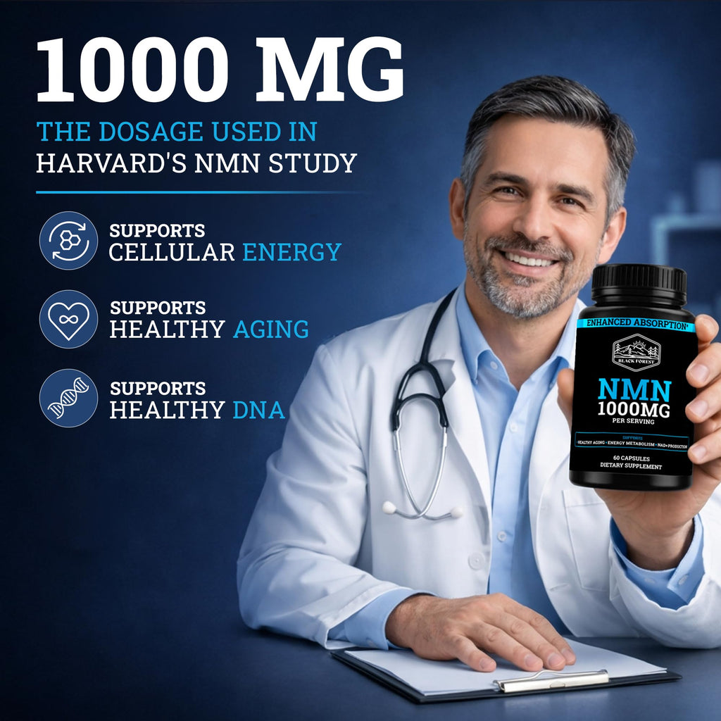 Black Forest NMN Supplements 1000mg (Nicotinamide Mononucleotide) 99% Pure, Stabilized Form, BioPerine® for Enhanced Bioavailability (60 Capsules)