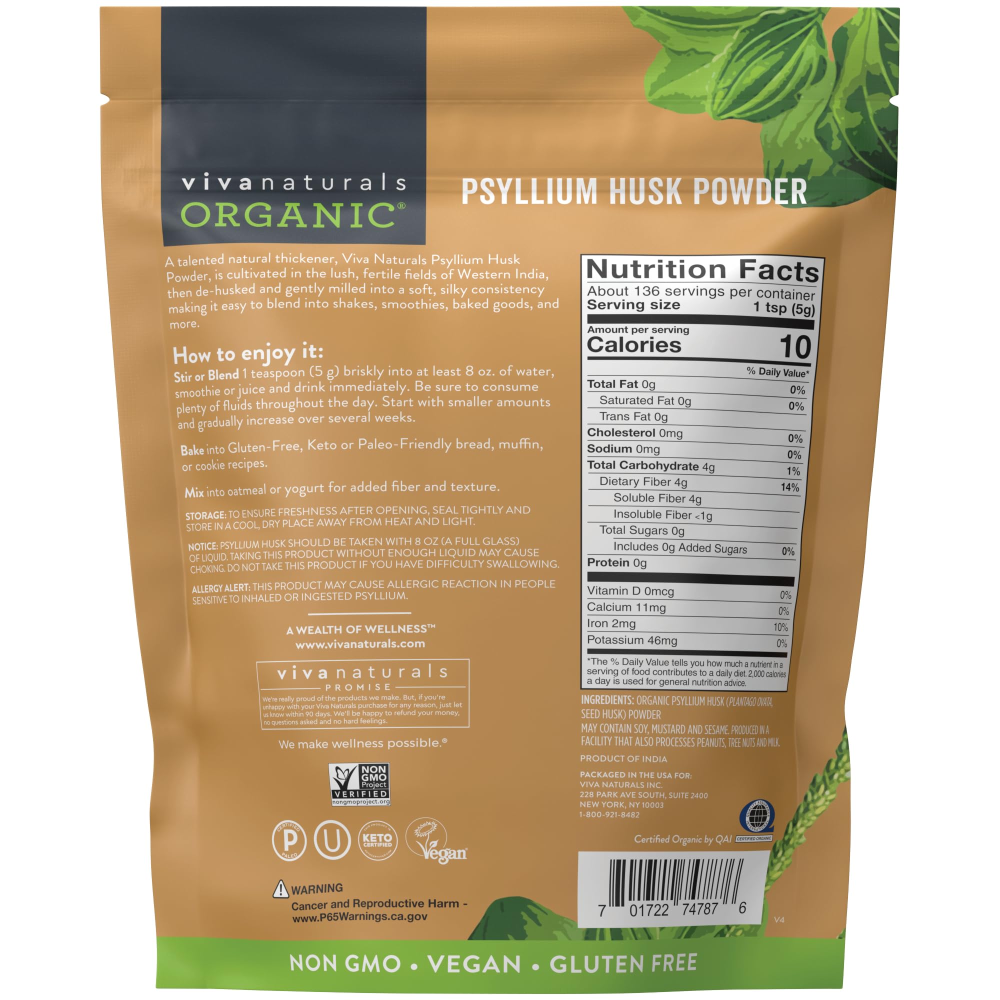 Viva Naturals Organic Psyllium Husk Powder, 24 oz – Finely Ground, Unflavored, Vegan, Keto, Paleo, Non-GMO Plant-Based Superfood, Good Source of Fiber for Gluten-Free Baking, Juices & Smoothies