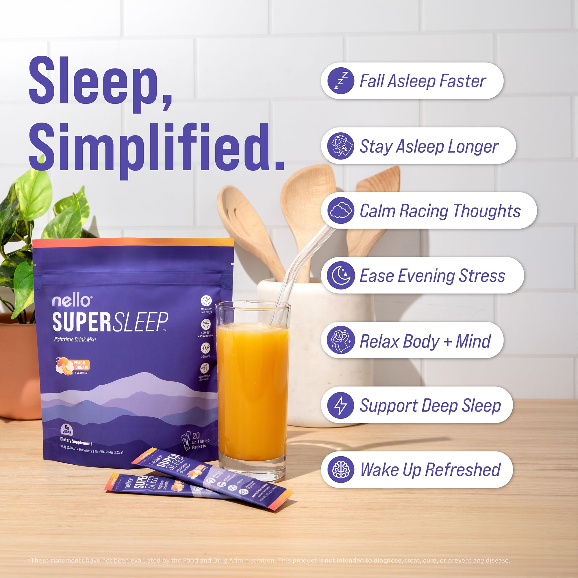 Nello Supersleep, Nighttime Sleep Support Drink Mix, Ashwagandha, Maizinol, L-Glycine, Magnesium Glycinate, Peach Dream (Pack of 20)