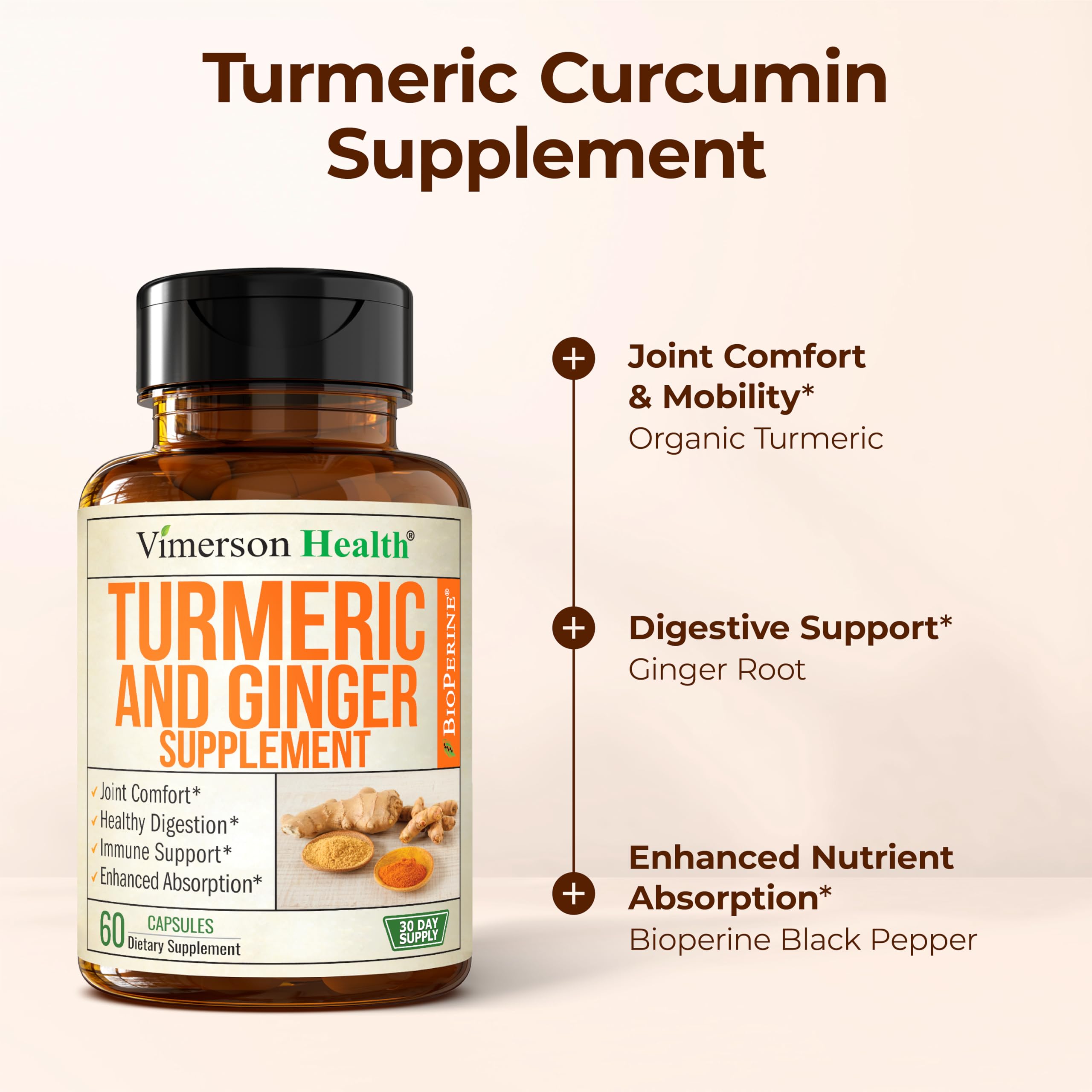 Turmeric and Ginger Supplement with Black Pepper for Joint Support, Digestive & Gut Health - Contains Organic Turmeric with Ginger Root Supplement