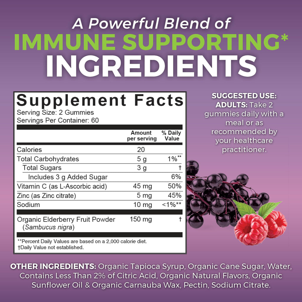 Viva Naturals Sambucus Elderberry Gummies for Adults - 150mg Black Elderberry Vitamin C and Zinc, 3-in-1 Daily Immune Support Gummies, Raspberry Rush Flavor