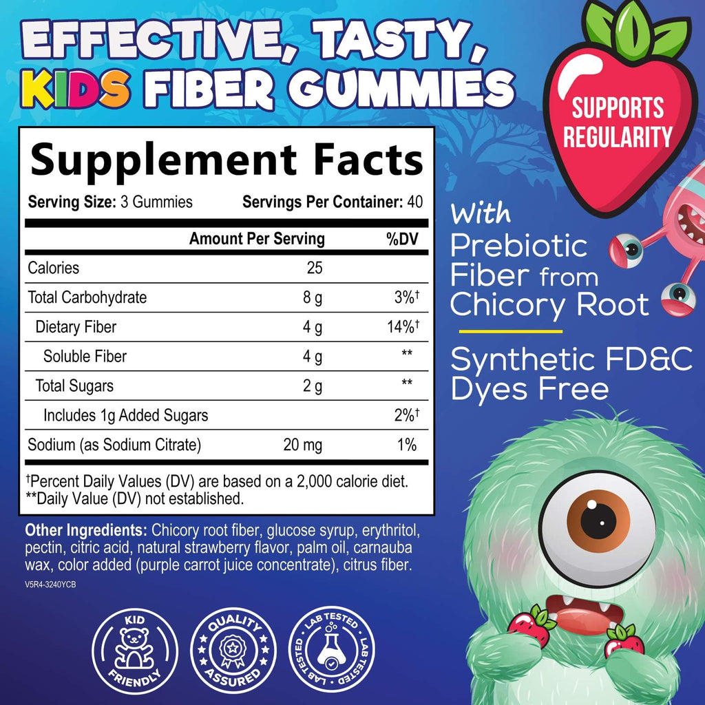 Fiber Gummies for Kids 4g Per Serving - Daily Fiber Gummy Supplement for Kids - Soluble Inulin Prebiotic Gummy for Digestive Health Support - Plant-Based Regularity