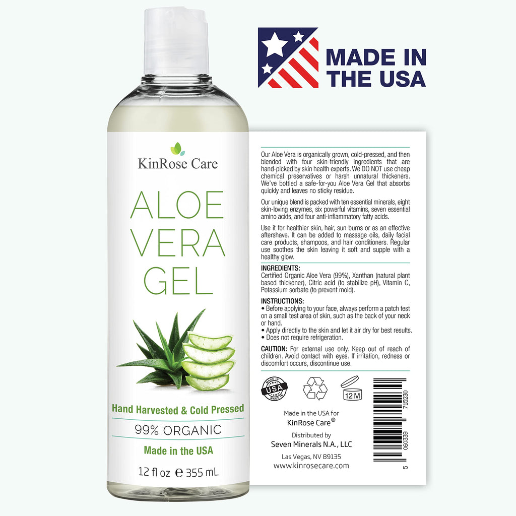 KinRose Care, 12oz Organic Aloe Vera Gel for Face, Skin, Hair & Sunburn Relief - From 100 Percent Pure Aloe Vera