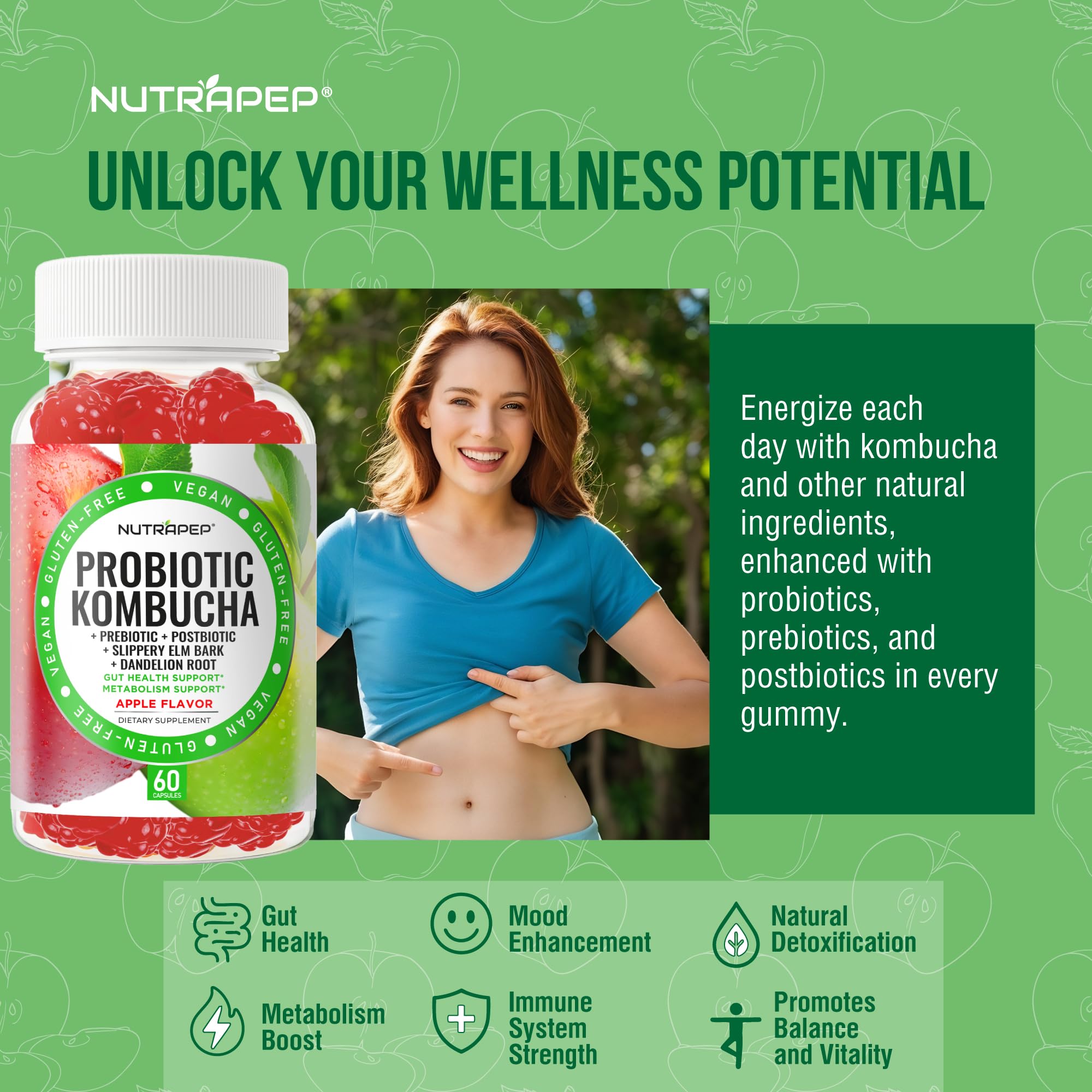 NutraPep Probiotic Kombucha Gummies - Women Men Probiotic Prebiotic Probiotic Blend for Gut Health Bloating Metabolism Support with Slippery Elm Bark Dandelion Root - Vegan Gluten Free Apple Flavor NutraPep Au supplements