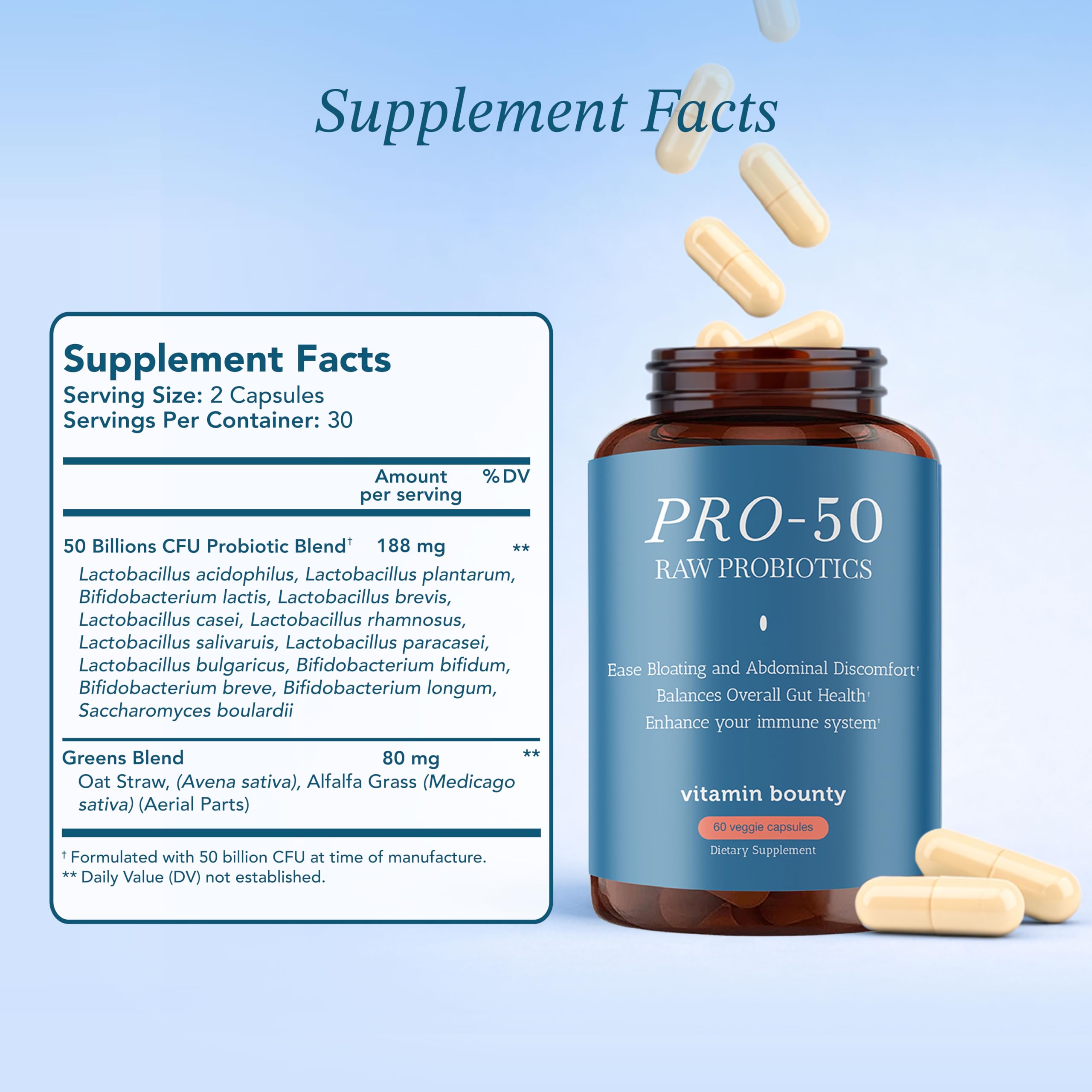 Vitamin Bounty Pro-50 Probiotics 50 Billion CFU for Women & Men - 13 Multi Strain Probiotic + Prebiotic - Digestive Health Supplements for Gut Health Support - Delayed Release Capsules for Men & Women Vitamin Bounty Au supplements