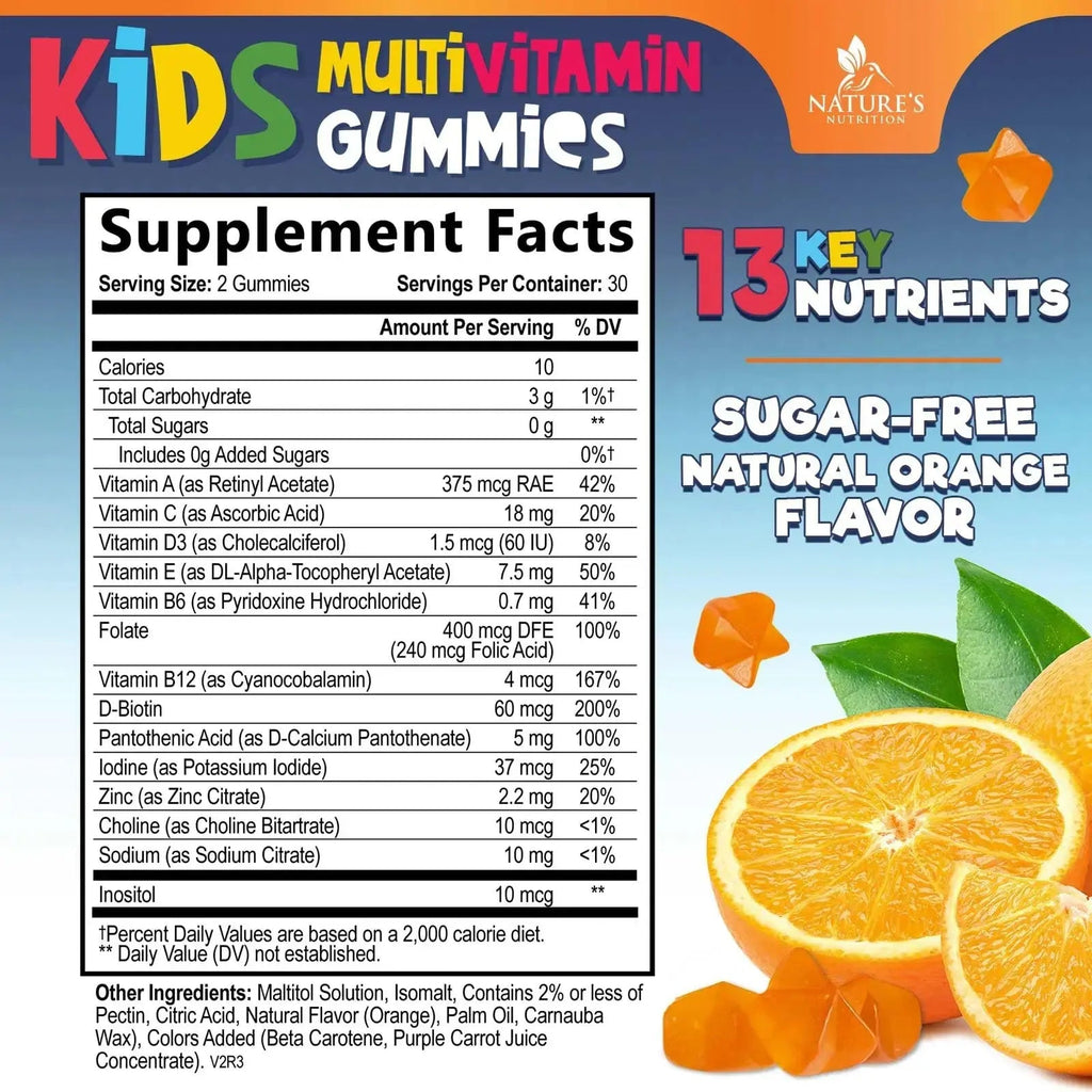 Kids Multivitamin Gummies - Improved Sugar-Free Formula - 100% Daily Folate, Kids Vitamins with Essential Vitamins A, C, D3, E, B6, B12 Nature's Nutrition Au supplements