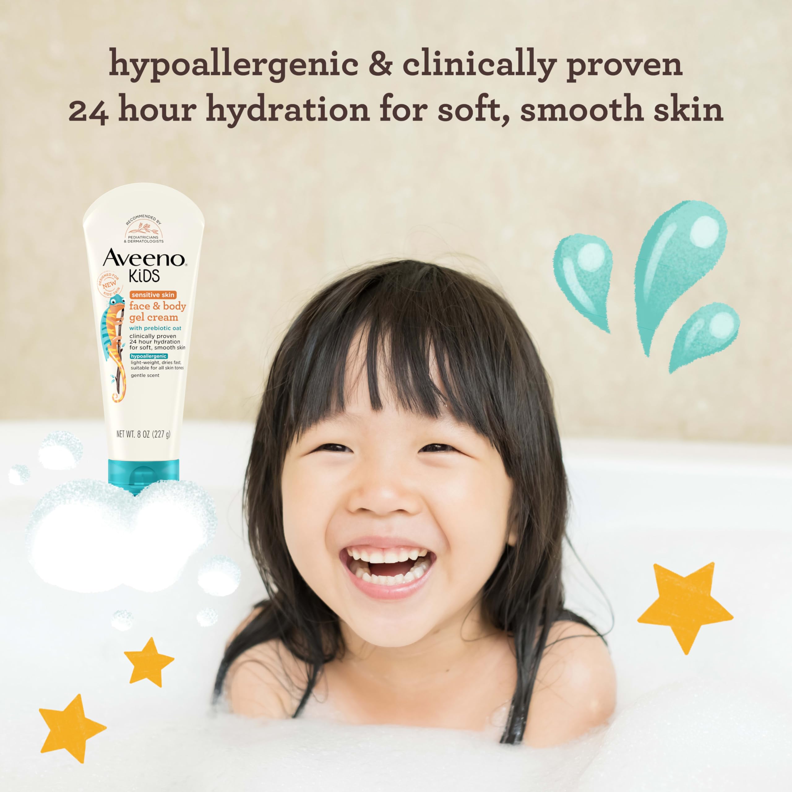 Aveeno Sensitive Skin Face & Body Gel Cream for Kids with Prebiotic Oat, Clinically Proven 24 Hour Hydration for Soft Skin
