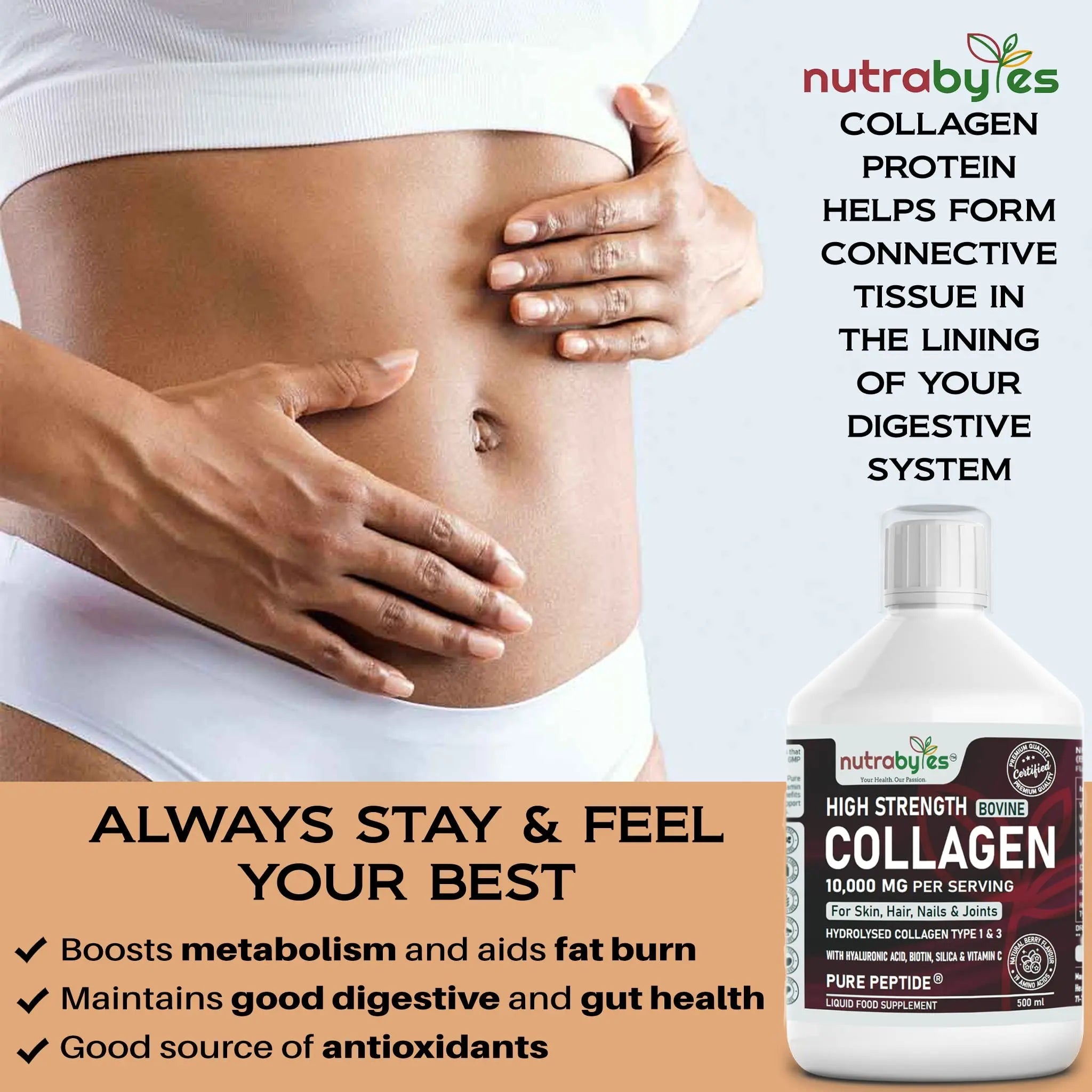Collagen Liquid 10000mg, Hydrolysed Peptides | Hyaluronic Acid, Biotin, Silica, Vitamin C, Vitamin B12 NUTRABYTES Au supplements