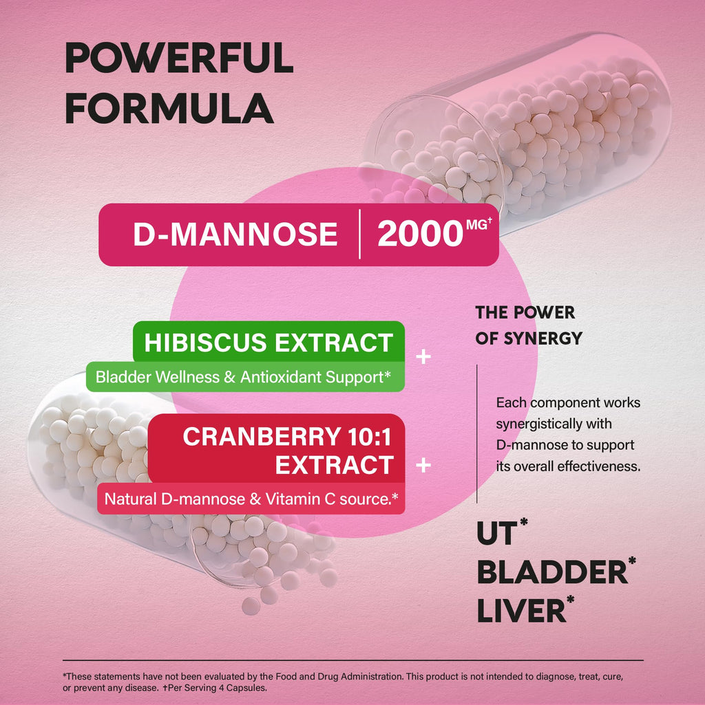 D-Mannose 2000mg with Cranberry & Hibiscus - Clinically Tested Strength for Urinary Tract Health - Supplement for Women - Bladder, Liver & Microflora Support - Made in USA - Vegan, 120 Capsules NUTRAHARMONY Au supplements