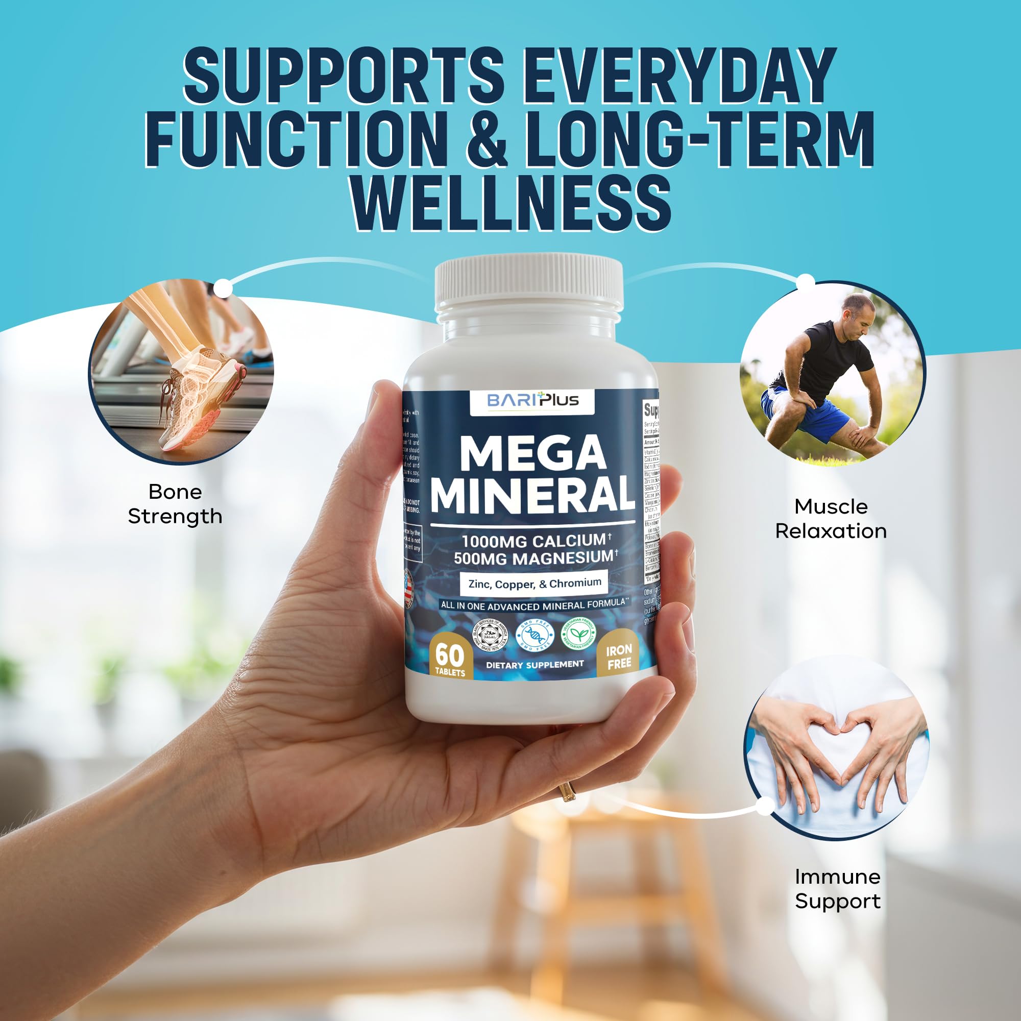 Mega Mineral – Complete Complex with Vitamin D, Calcium, Magnesium, Zinc, Potassium, Boron, Selenium, Chromium & Trace Minerals – Iron-Free – USA Made – 60 Tablets