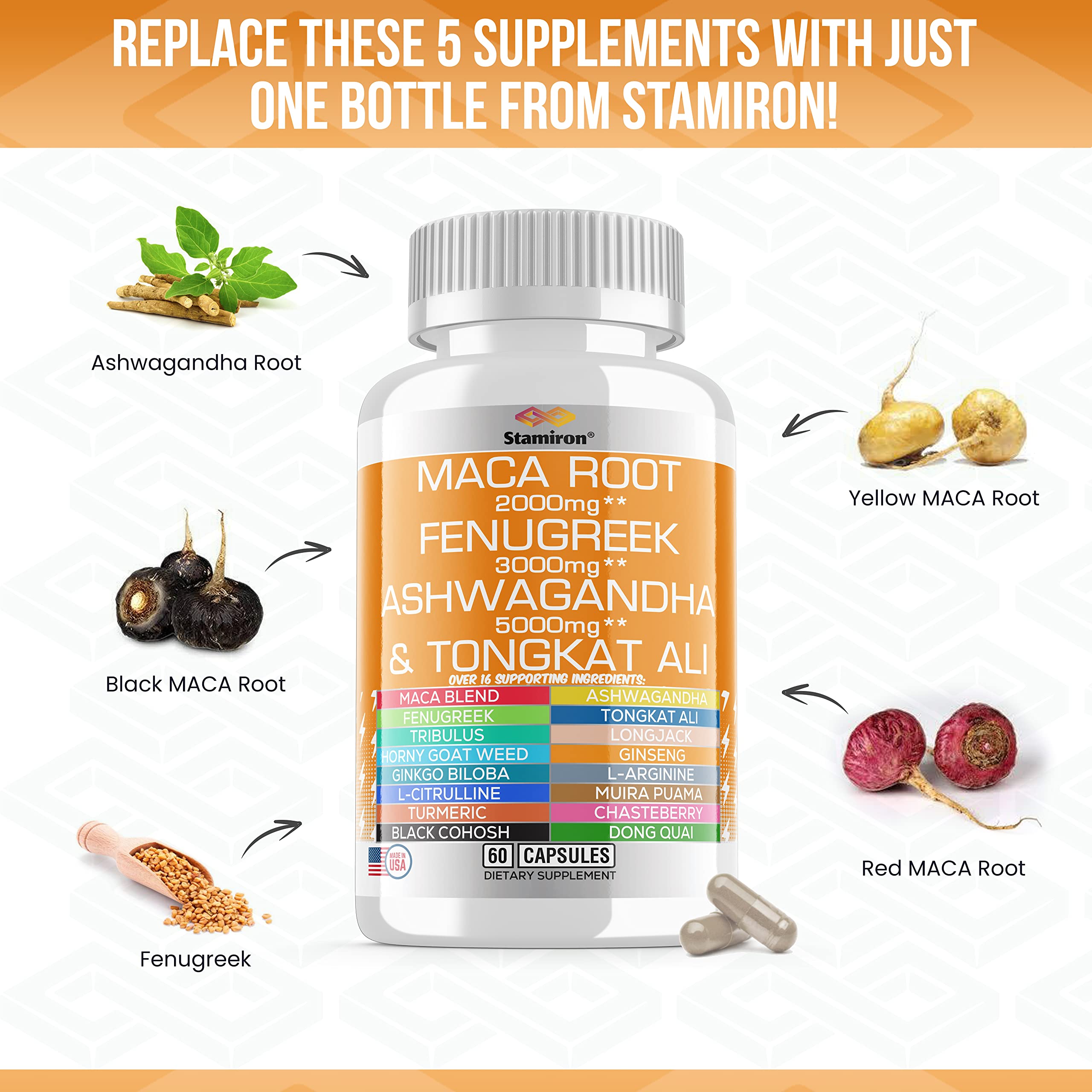Stamiron Maca Root 2000mg Fenugreek 3000mg Ashwagandha 5000mg Supplement Stamiron Au supplements