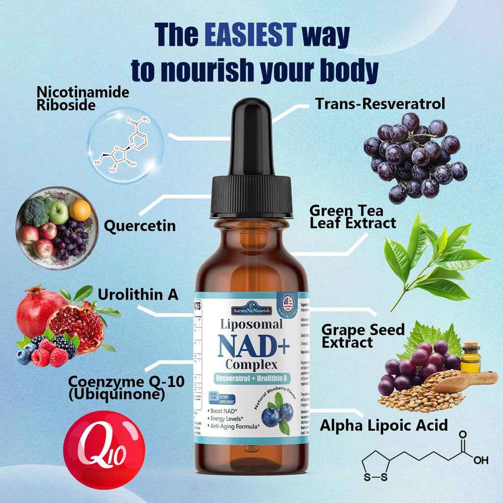 Liposomal NAD+ Liquid Drops, 8-in-1 NAD⁺ Nicotinamide Riboside Resveratrol 900mg w. Quercetin & Urolithin A | Fast Absorption NAD+ Supplement with CoQ10, ALA | Cellular Energy, Anti-Aging, Vitality AuraraNeNourish Au supplements