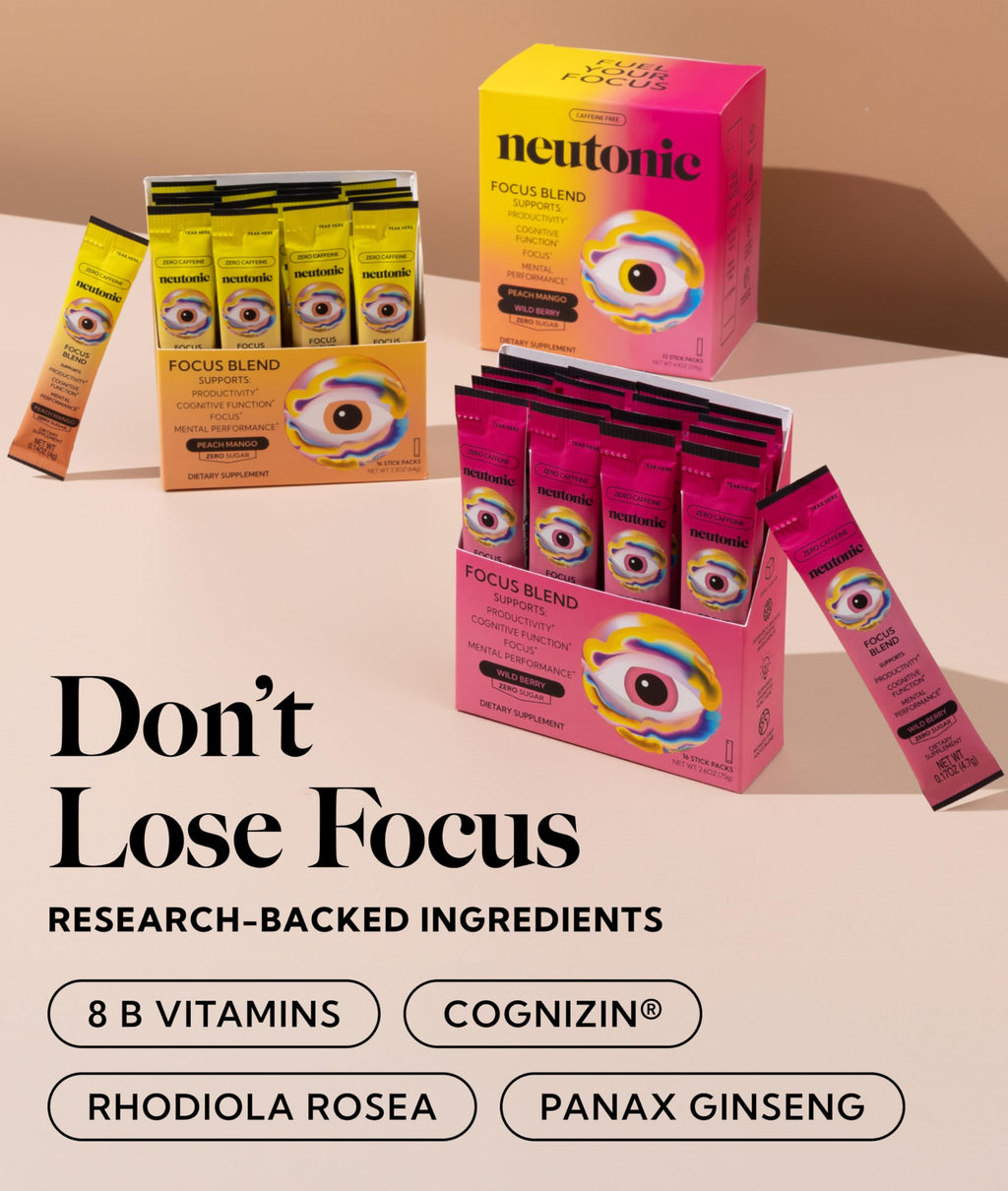 Neutonic Nootropic Focus Blend Powder | Peach Mango & Wild Berry 32 Sticks | Caffeine Free, Zero Sugar | Support Memory, Mental Clarity, Cognitive Function | Boost Focus, Energy, Brain Health Neutonic Au supplements