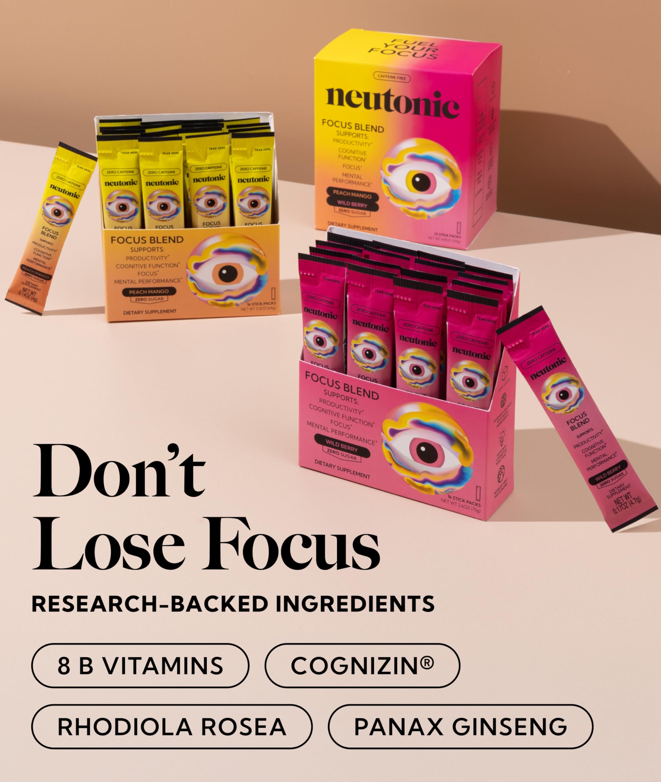 Neutonic Nootropic Focus Blend Powder | Peach Mango & Wild Berry 32 Sticks | Caffeine Free, Zero Sugar | Support Memory, Mental Clarity, Cognitive Function | Boost Focus, Energy, Brain Health Neutonic Au supplements