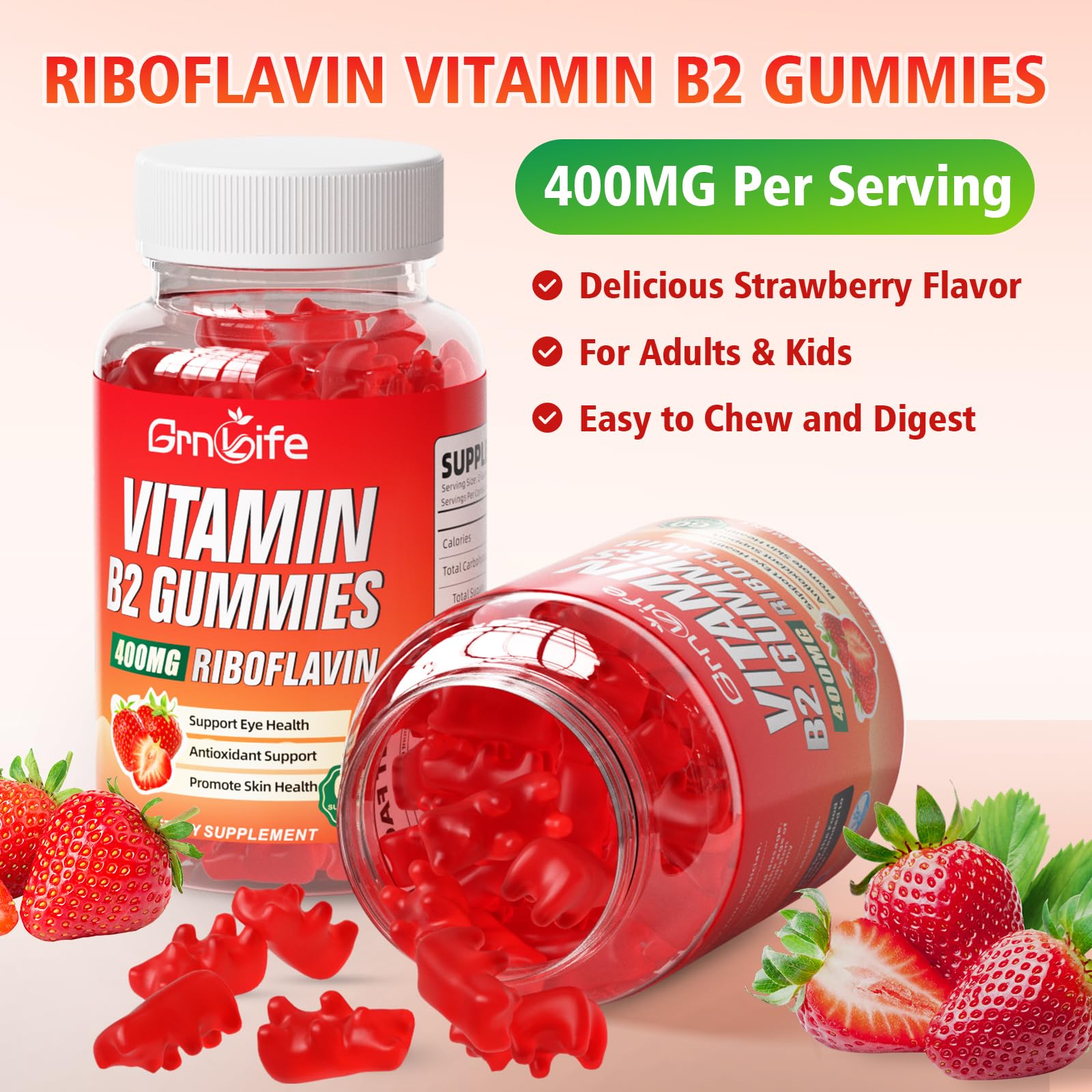 GrnLife 2 Pack Vitamin B2 Gummies, Riboflavin 400mg with Magnesium for Kids & Adults, Migraine Relief & Energy Support