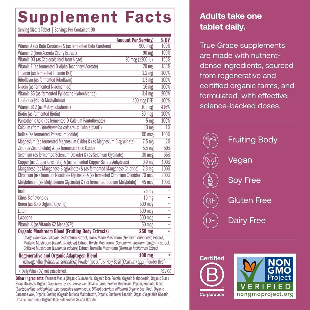 True Grace One Daily Women’s Multivitamin 40+ Fermented Minerals, Organic Adaptogens & Mushrooms Energy, Immune, Bone Support True Grace Au supplements