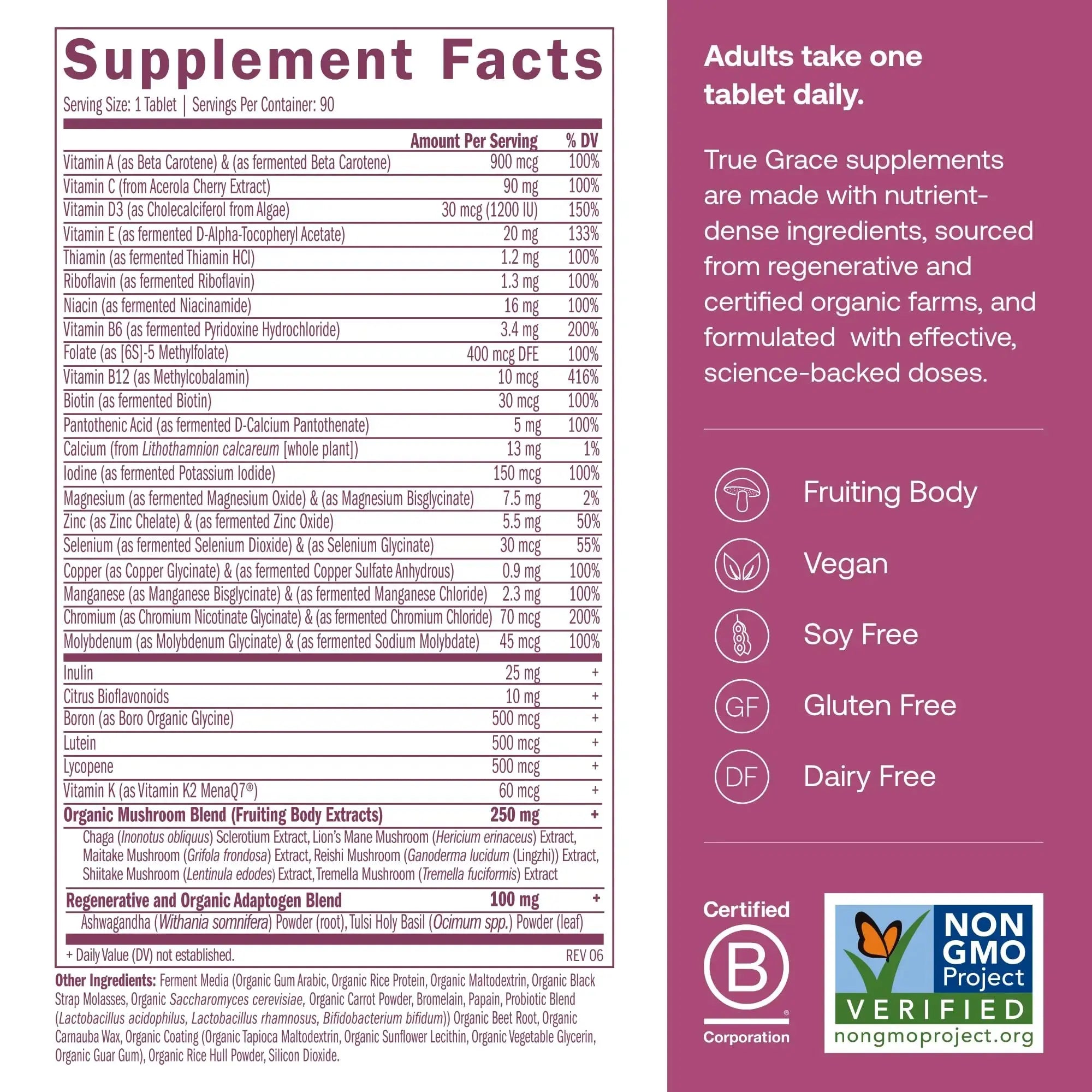 True Grace One Daily Women’s Multivitamin 40+ Fermented Minerals, Organic Adaptogens & Mushrooms Energy, Immune, Bone Support True Grace Au supplements