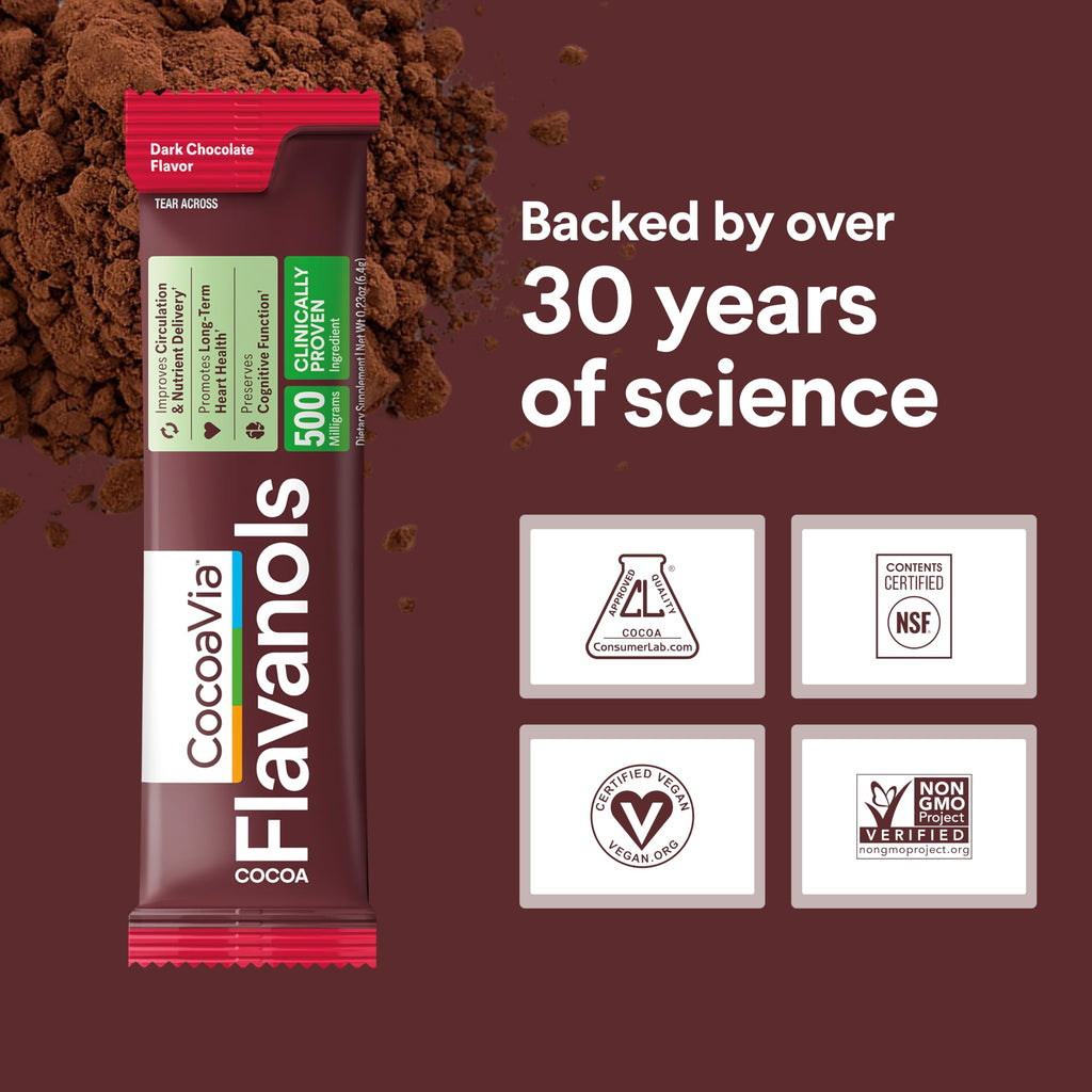 CocoaVia Cocoa Flavanols 500mg, High Flavanol Cocoa Powder, Support Heart and Brain Health, Boosts Nitric Oxide, Circulation, Preworkout, Travel-Friendly, Vegan, Dark Chocolate, 15 Single Serve Sticks