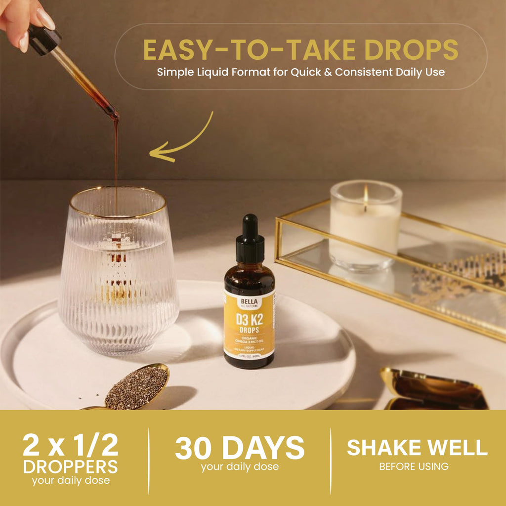 Bella All Natural Vitamin D3 K2 Liquid Drops 5000 IU (Unflavored) - Omega 3 with MCT Oil -