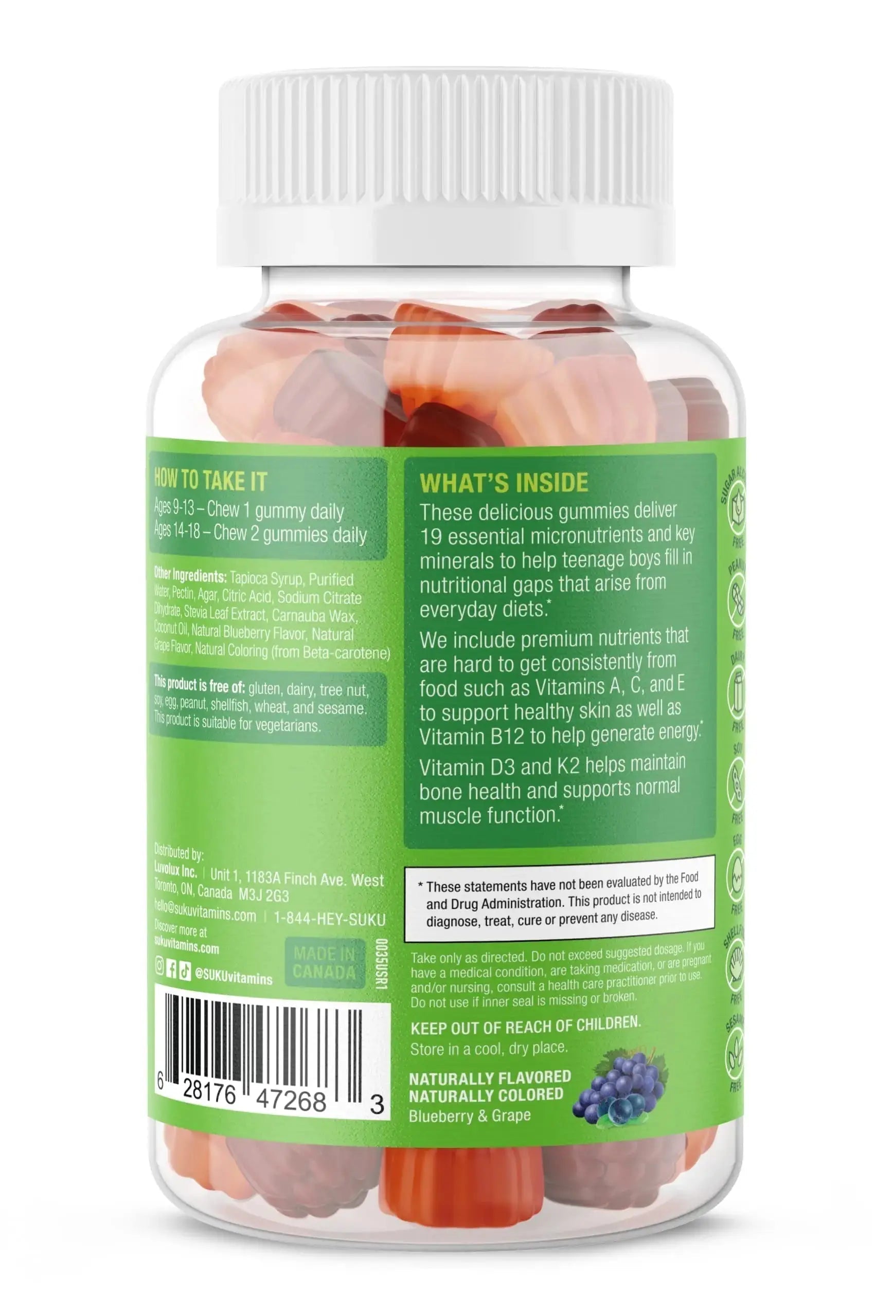 SUKU Teen Boy Multivitamin Gummies – Vitamins A, B12, C, D3, E, Zinc & Biotin – Sugar-Free Vegetarian Supplement SUKU Au supplements