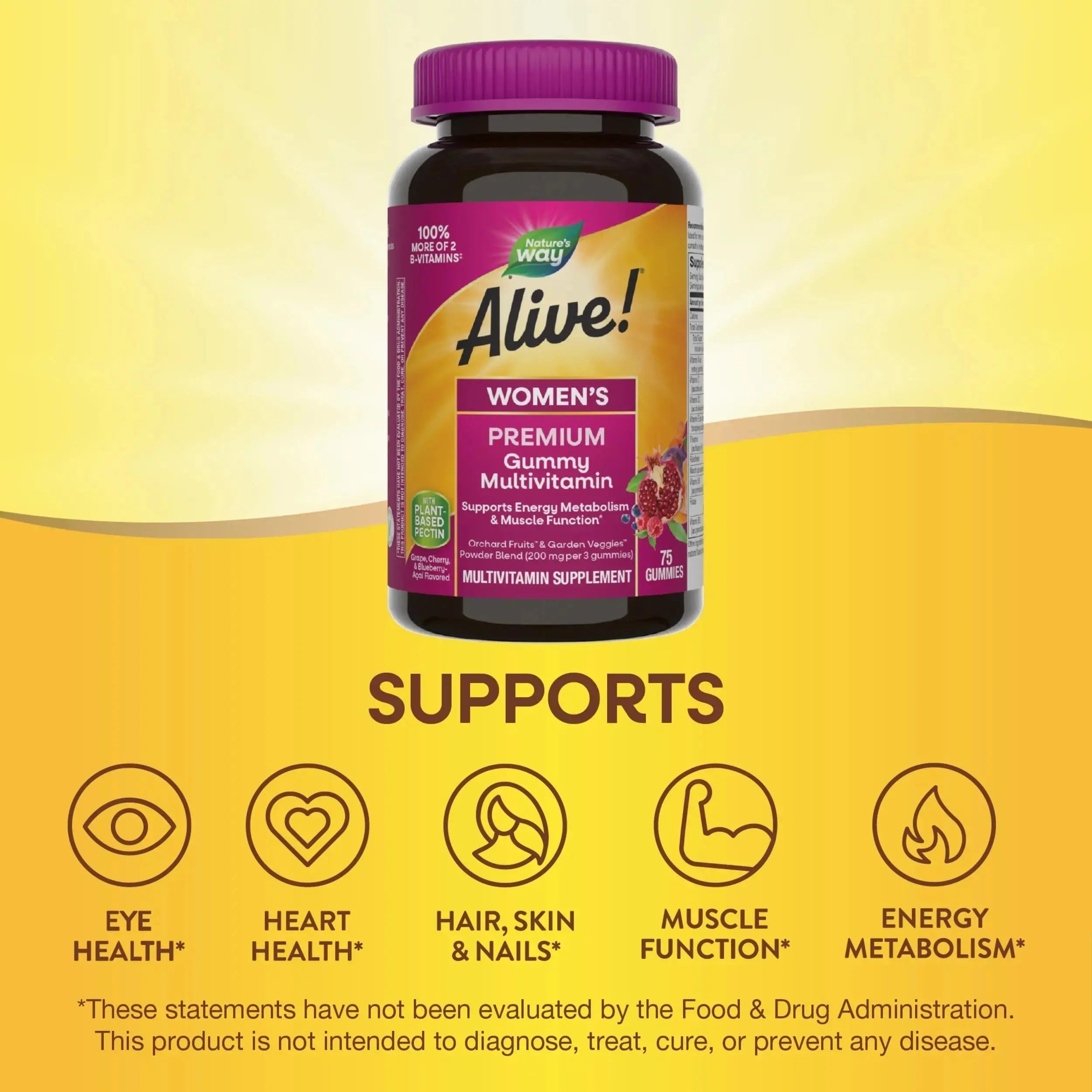 Nature’s Way Alive! Premium Women’s Gummy Multivitamin, Supports Energy Metabolism, Muscle Function*, B-Vitamins, Grape, Cherry, & Blueberry-Acai Flavored, 75 Gummies Nature's Way Au supplements