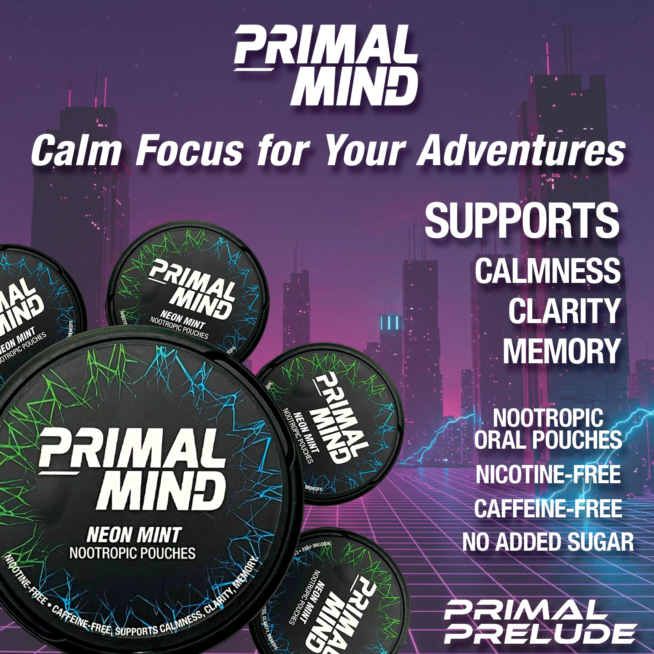 Nootropic Pouches - Primal Mind Caffeine Free Nootropics Pouches Made with Ginkgo Biloba & L-Theanine - Nicotine Free Brain Boost, No Sugar, Cognitive Support – 20 Pouches Per Can, 5 Pack (Neon Mint) Primal Prelude Au supplements