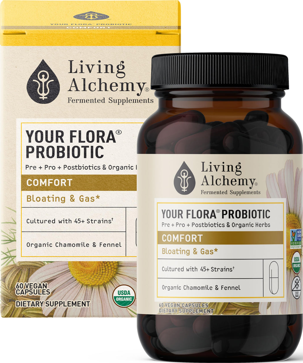 Your Flora Probiotic Comfort – Non-GMO Probiotics with Fermented Soybean, Chamomile, Fennel, Prebiotics, Digestive Enzymes for Digestion & Bloating – Prebiotics, Postbiotics – Living Alchemy, 60 Pcs Living Alchemy Au supplements