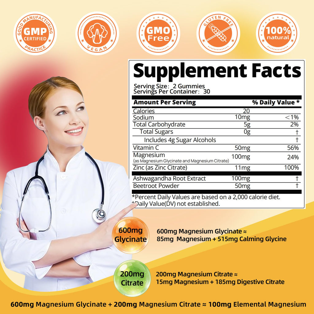 DREAVIO 90 Count Magnesium Glycinate Gummies w/Ashwagandha Supplement - Sugar Free Zinc Magnesium Glycinate