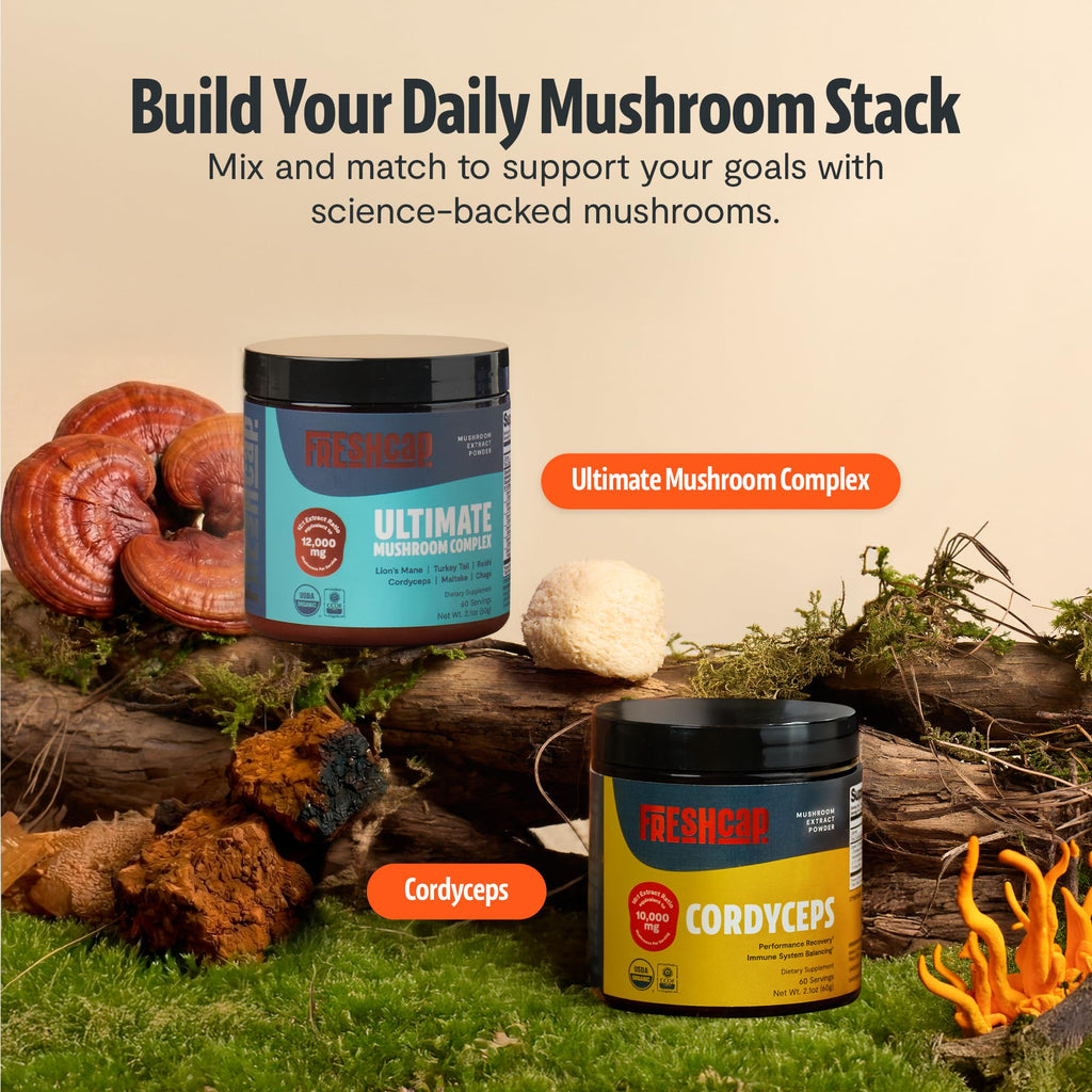 FreshCap Mushrooms Ultimate Mushroom Supplement Powder 12,000mg - Nootropic Organic Mushroom Complex for Focus & Memory, Brain Support Supplement, Ayurveda Mushroom Powder Extract (60 Servings) FreshCap Mushrooms Au supplements