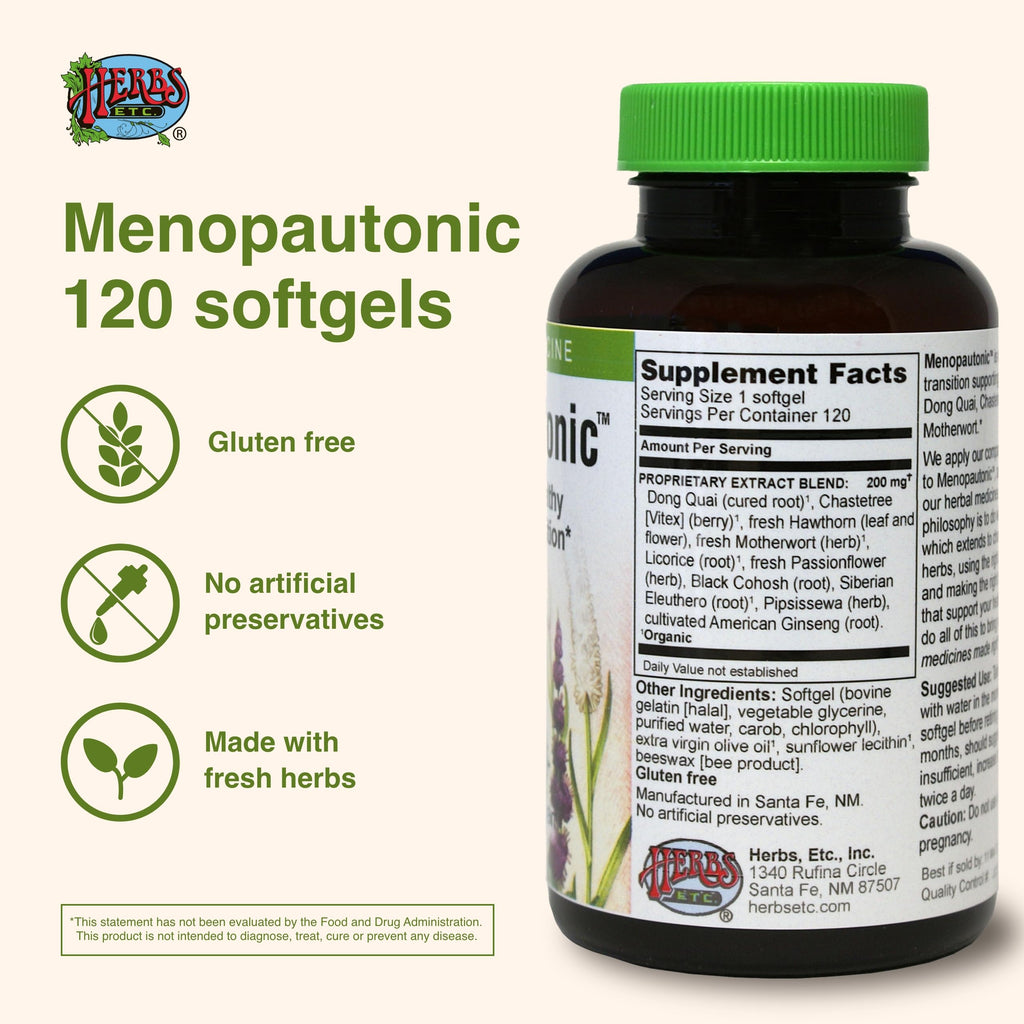 Herbs Etc. Menopautonic Softgels - Essential Supplement for Women - Hormonal Transition Support Supplement - Offers Menopausal Support with Dong Quai & Motherwort - 120 Softgels (120 Servings) Herbs Etc. Au supplements