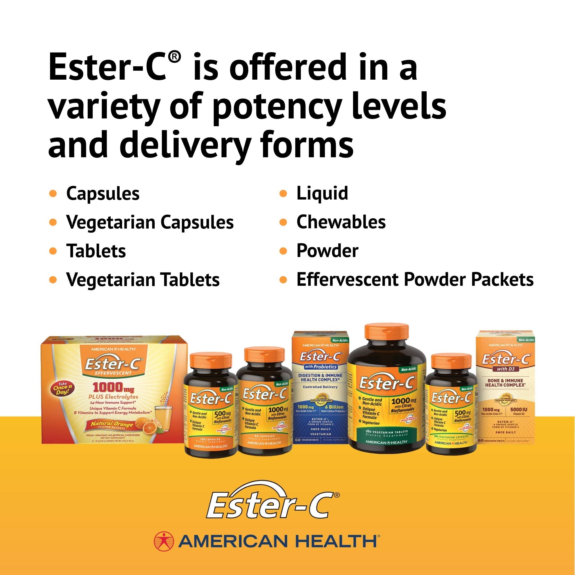 Ester-C American Health with Citrus Bioflavonoids Capsules - 24-Hour Immune Support, Gentle On Stomach, Non-Acidic Vitamin C