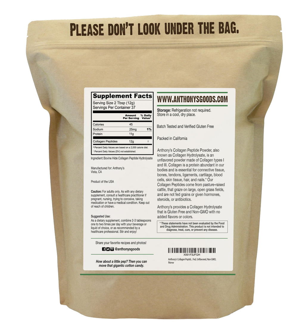 Anthony's Collagen Peptide Powder, 1 lb, Pure Hydrolyzed, Gluten Free, Keto and Paleo Friendly, Grass Fed