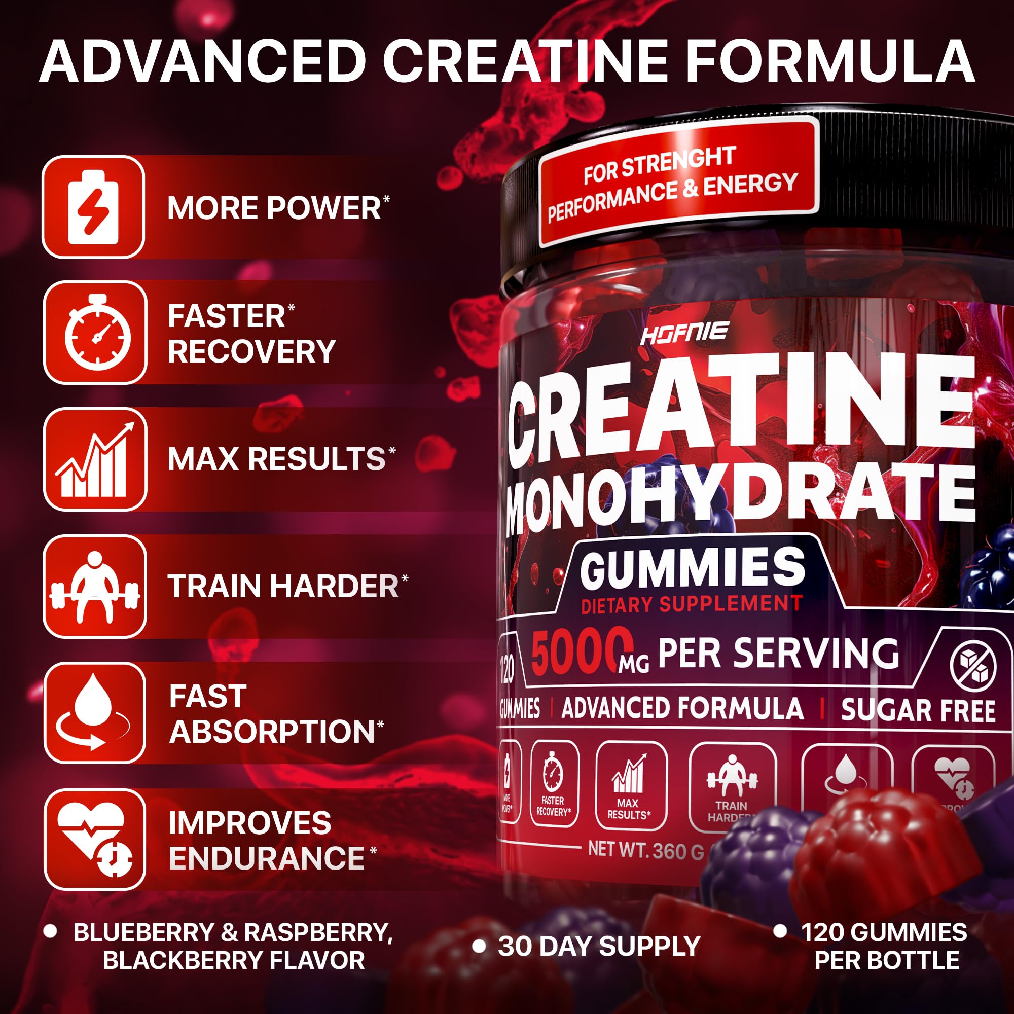 Hofnie Creatine Monohydrate Gummies 5000 mg – Vegan, Sugar-Free Pre Workout Creatine for Men & Women – Raspberry & BlackBerry Flavored Chewable Creatine Monohydrate, 120 Gummies (30-Day Supply) Hofnie Au supplements