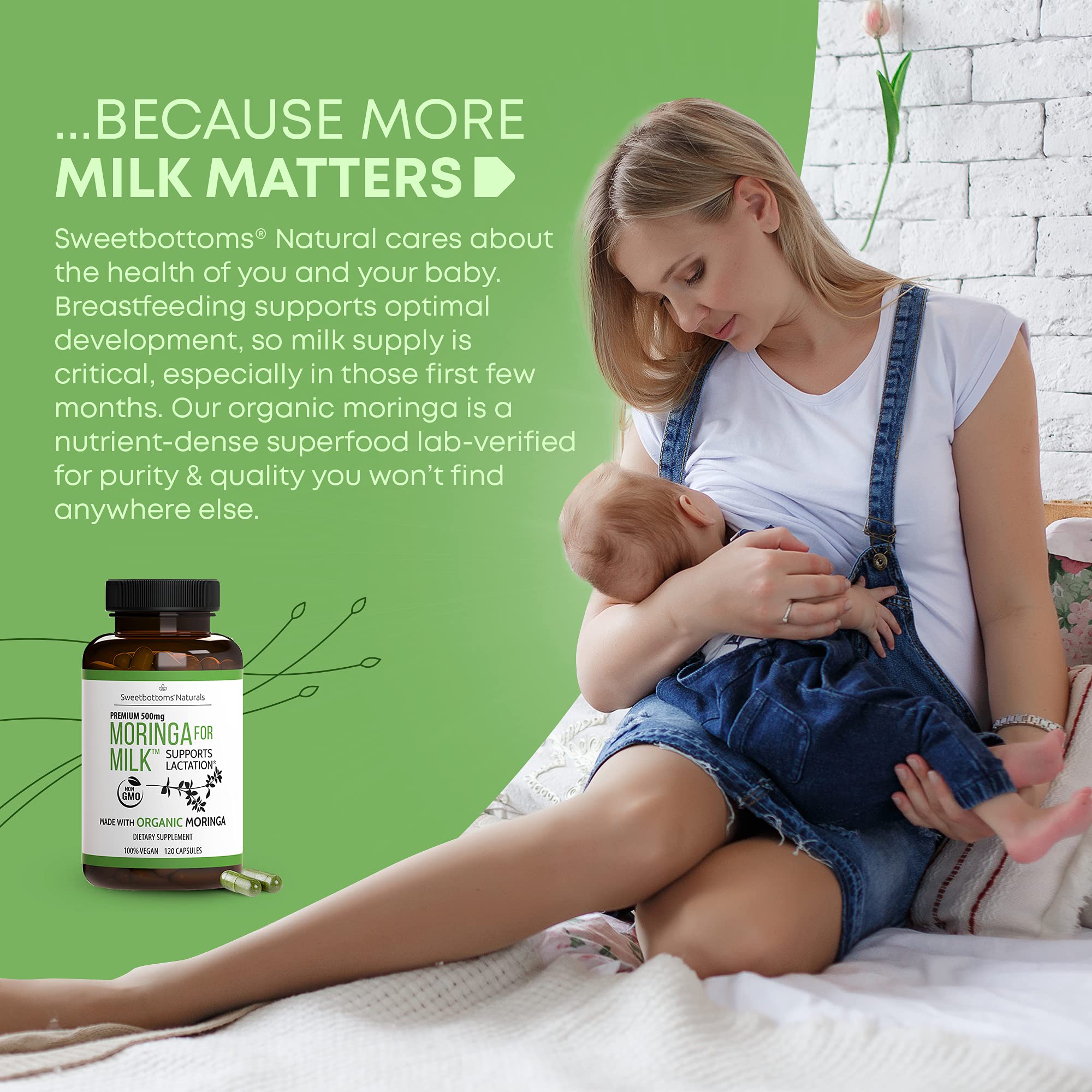 Lactation Supplement - Organic Moringa Capsules for Breastfeeding Support to Increase Breastmilk Supply (120 ct) Pure Malunggay Leaf Powder for Milk Production Booster