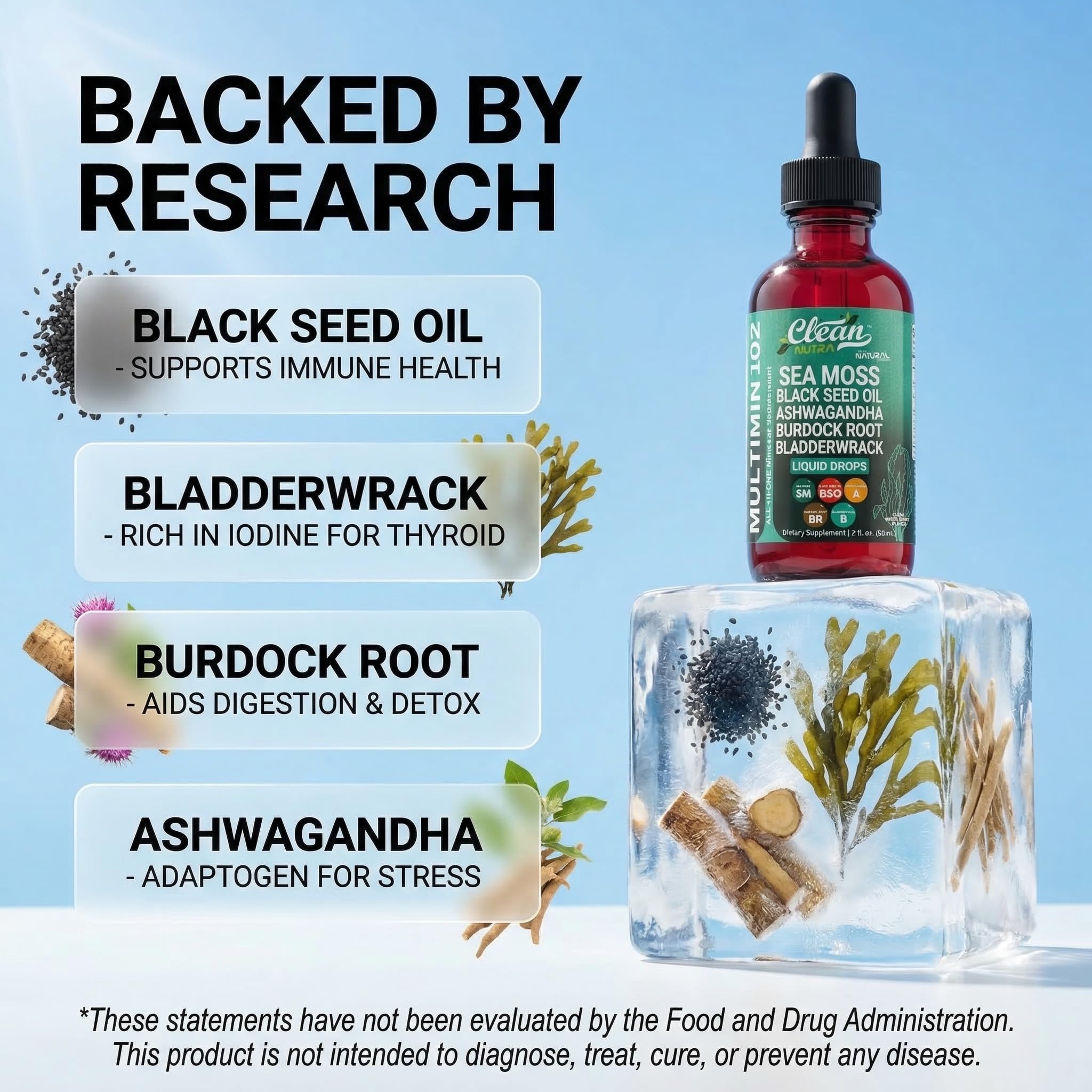 Clean Nutra Organic Sea Moss Drops Supplement | Black Seed Oil Irish Seamoss Ashwagandha Burdock Root & Bladderwrack - Multimineral Liquid Vegan