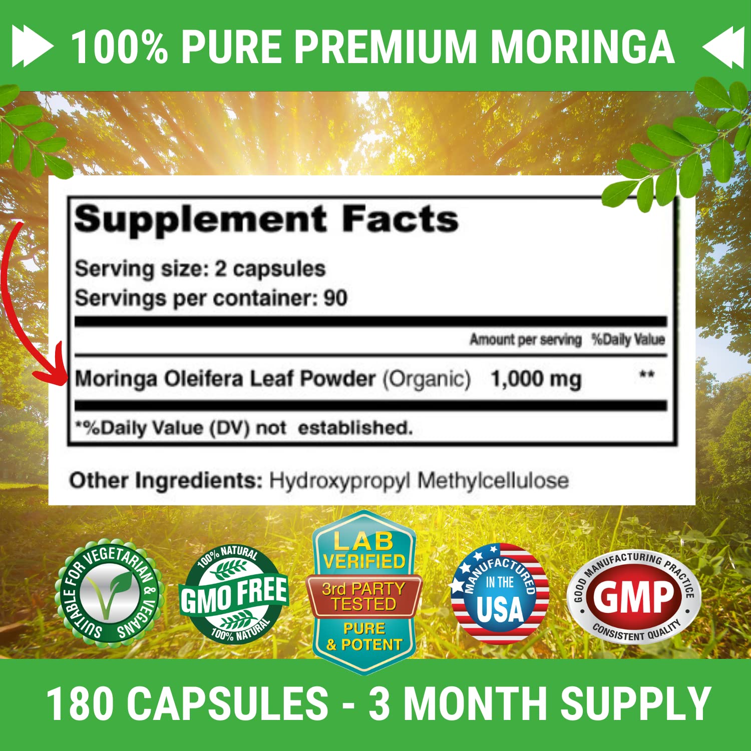 FRESH HEALTHCARE Moringa Capsules – 100% Pure Leaf Powder - 180 Pills, Non-GMO - 3 Month Supply - Complete Green Superfood for Energy