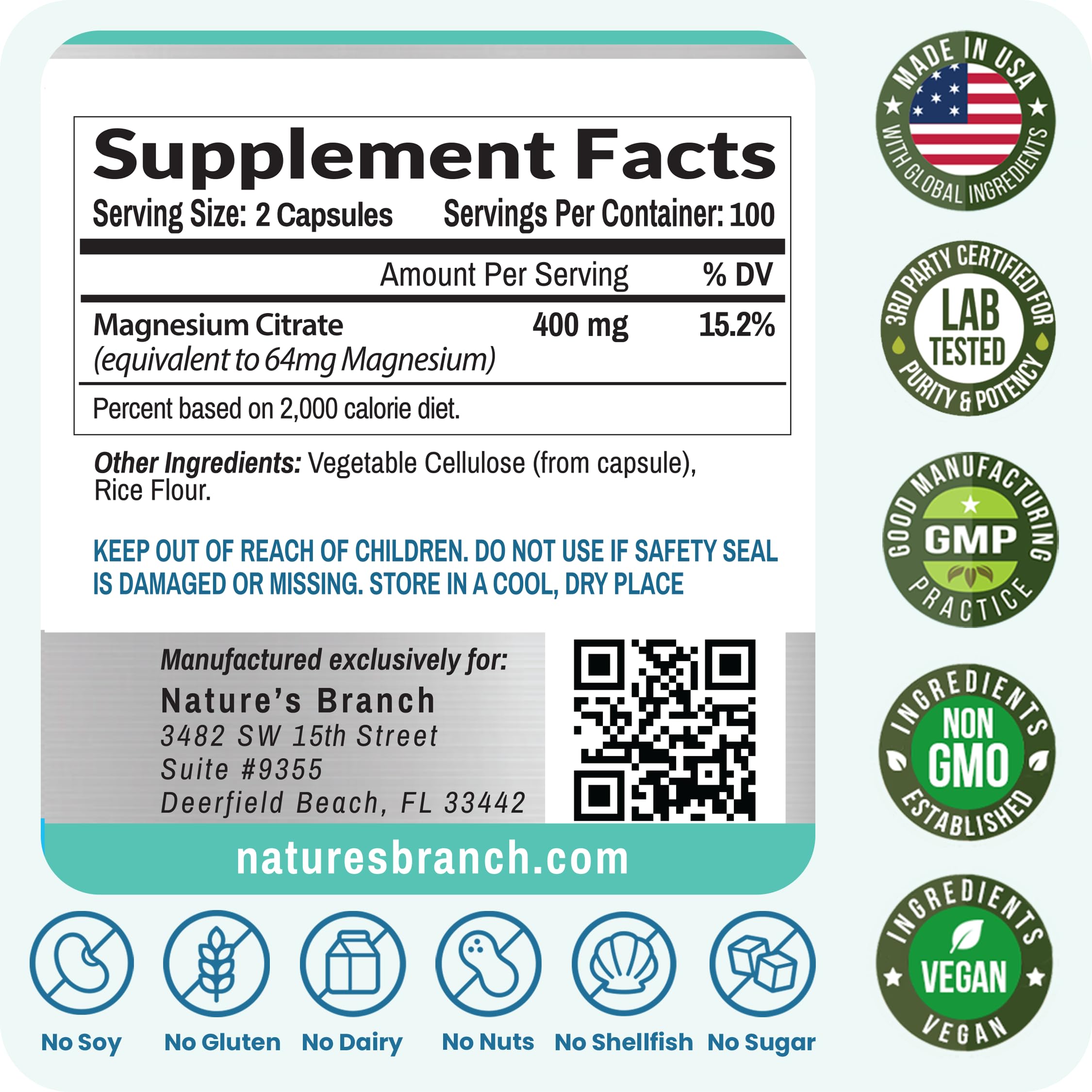 Magnesium Citrate 400mg | 200 Capsules, High Absorption for Sleep, Relax, Leg Cramps, Energy, Extra Strength Easy to Swallow Small Pills for Women & Men, Vegan Supplement for Digestion, Not Tablets NATURE'S BRANCH Au supplements