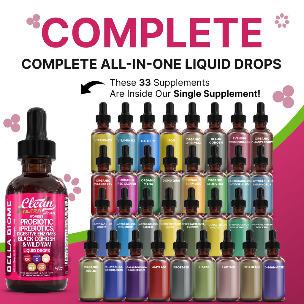 Liquid Probiotics for Women Drops with Chasteberry, Black Cohosh, Prebiotics, Digestive Enzymes, Evening Primrose Oil, Wild Yam, Cranberry Dmannose and Iron Vitamin D3 K2 Clean Nutra Bella Biotics Clean Nutraceuticals Au supplements